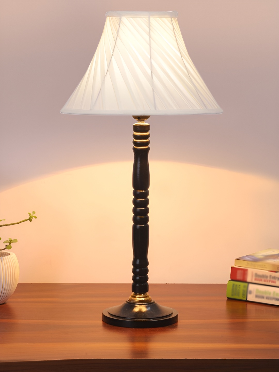 

Devansh Off White & Black Textured Frustum Shaped Wooden Table Lamp