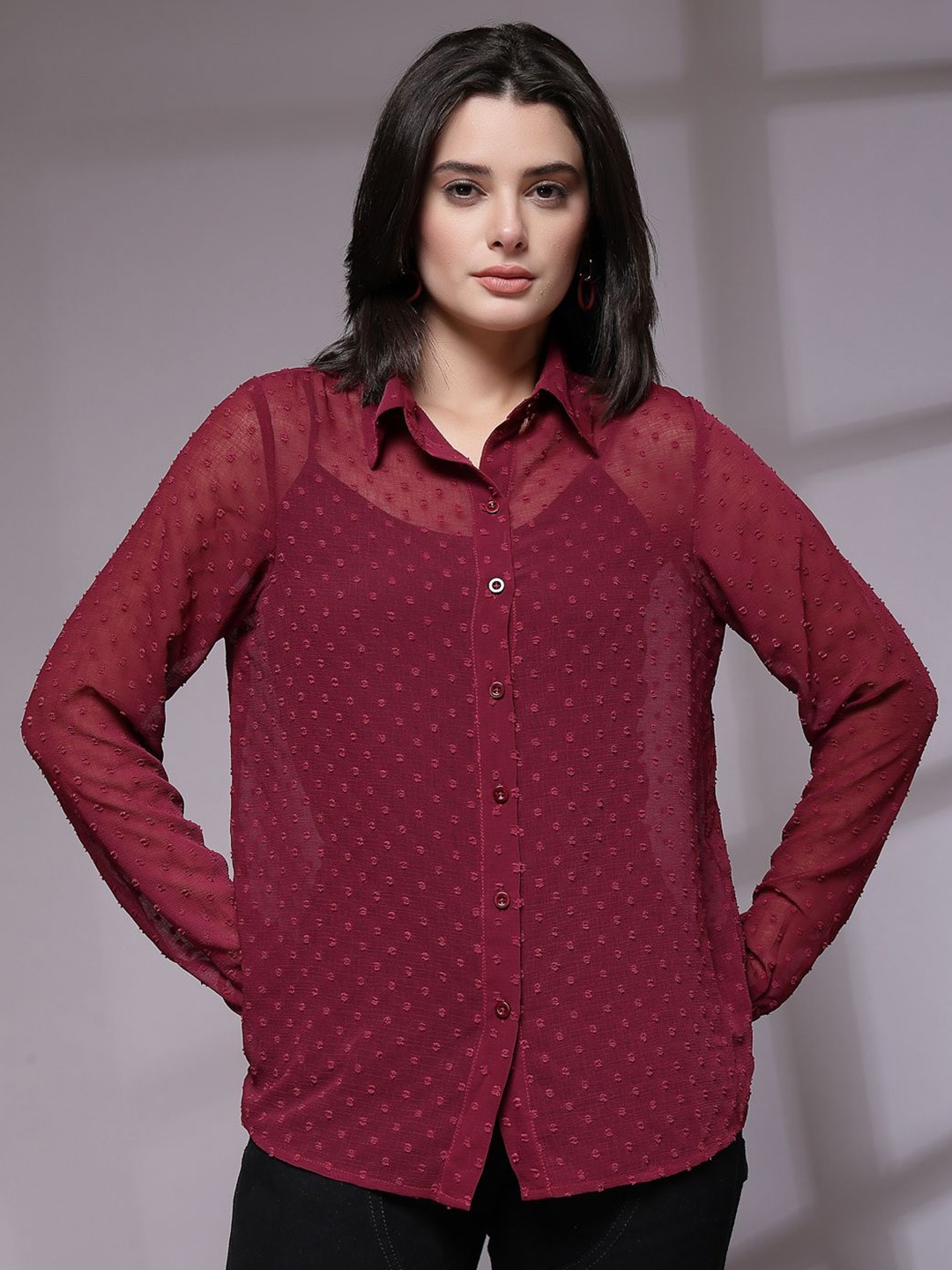 

KASSUALLY Women Comfort Sheer Casual Shirt, Maroon