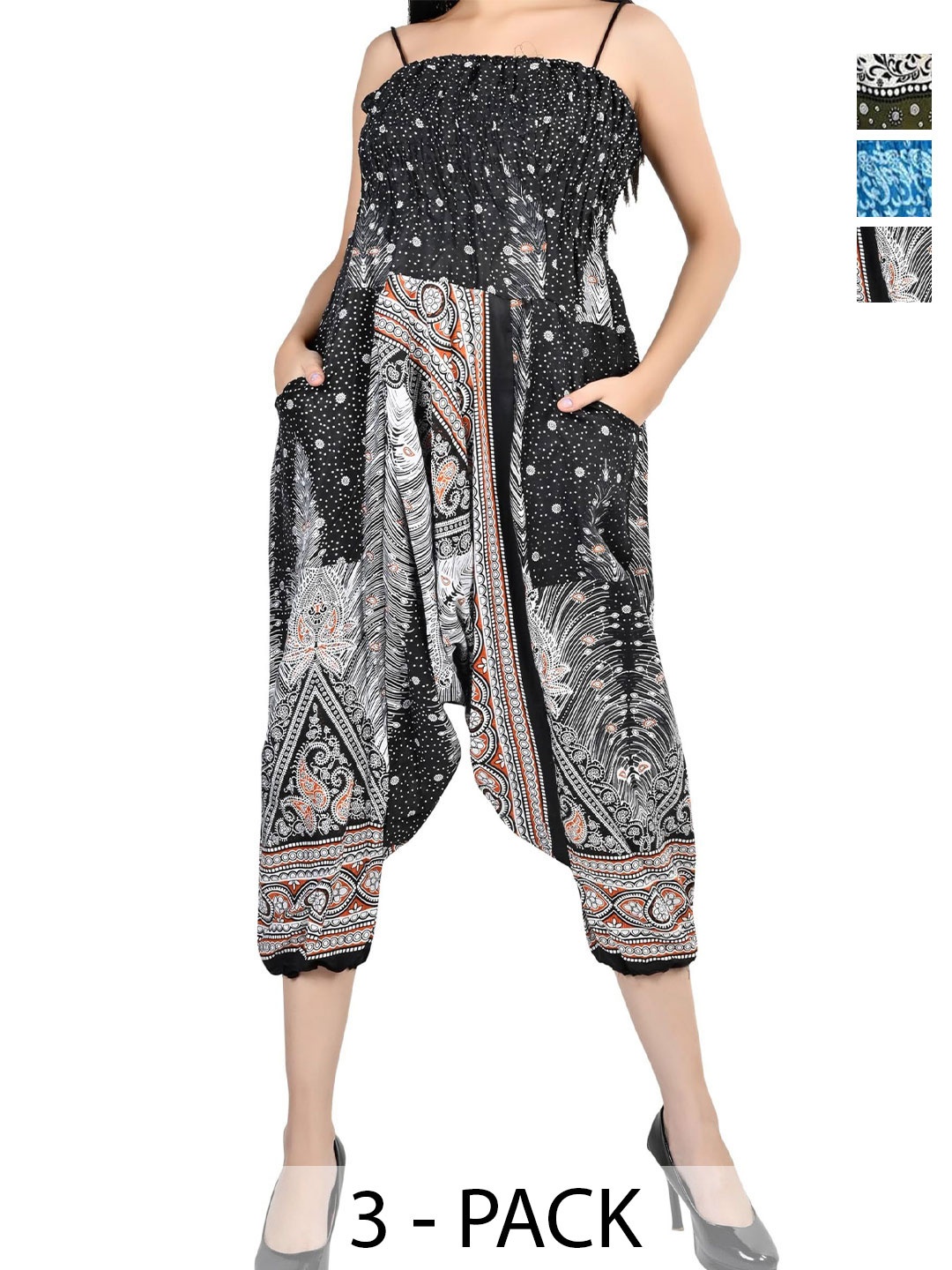

NarNari Women Pack Of 3 Printed Mid-Rise Harem Pants, Blue
