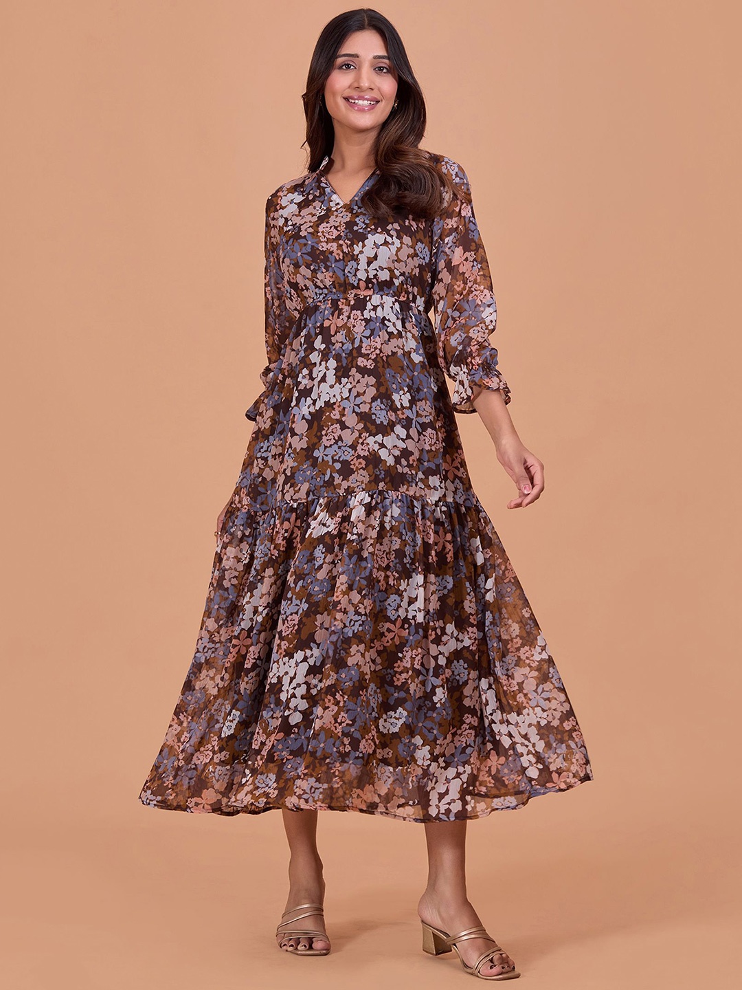 

DressBerry Floral Print Chiffon Fit & Flare Maxi Dress, Brown