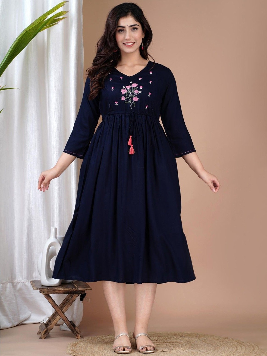

TROPWEAR V-Neck Floral Embroidered Maternity Fit And Flare Ethnic Dresses, Blue