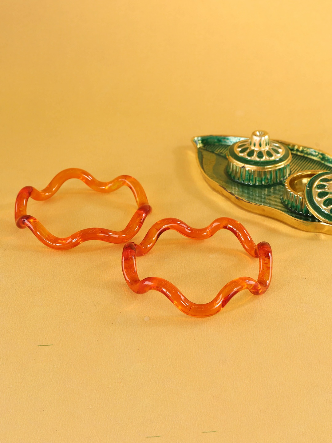 

ZULKA Women Pack of 2 Zigzag Crystal Glass Bangles, Orange