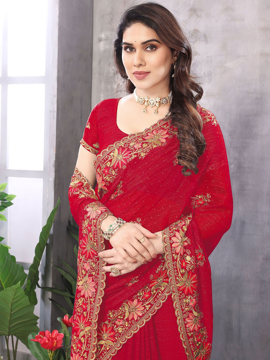 

KHRITI FAB Floral Embroidered Pure Georgette Saree, Red