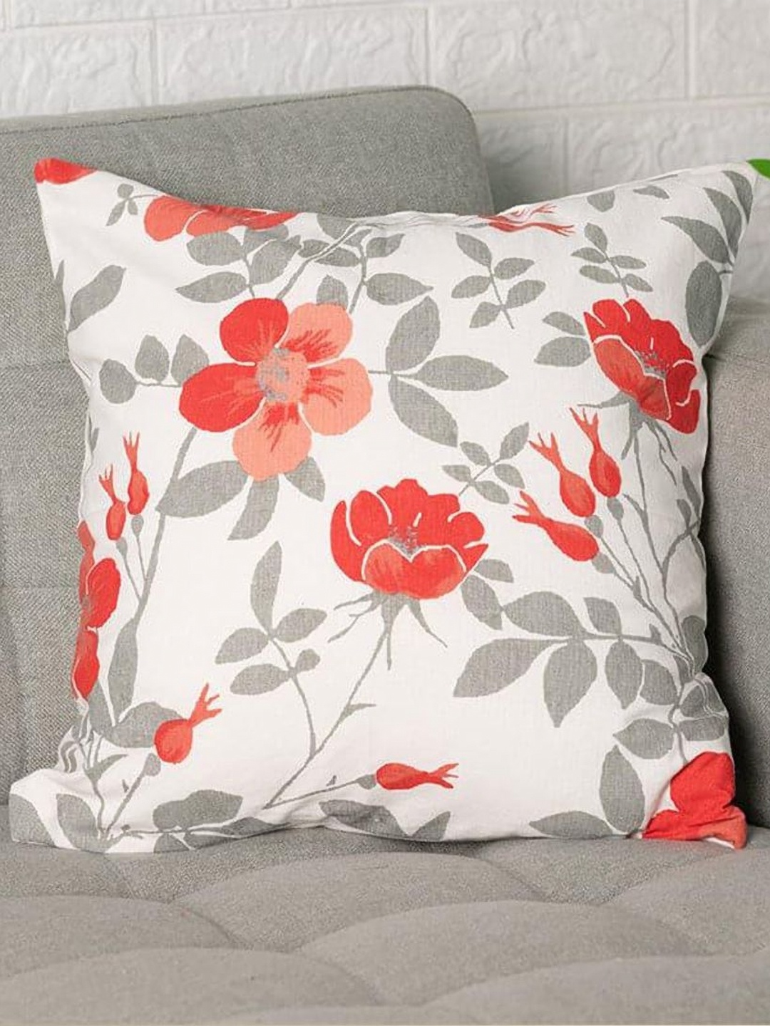 

Aura White And Red Floral Printed Cotton Square Cushion Covers