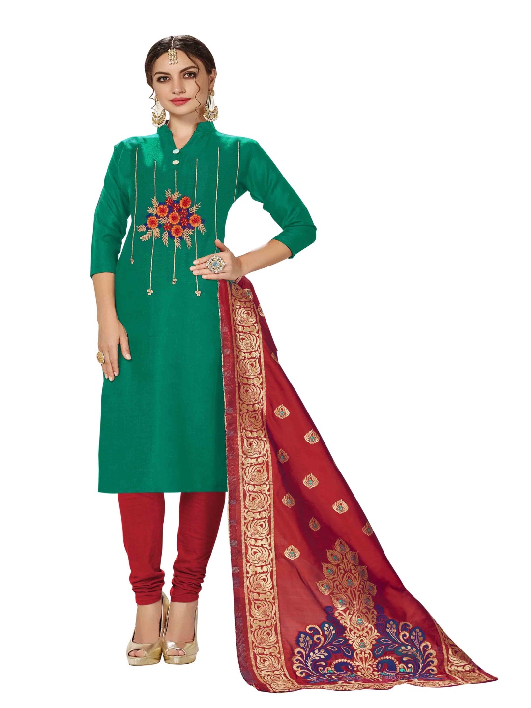 

HERE&NOW Floral Embroidered Unstitched Dress Material, Green