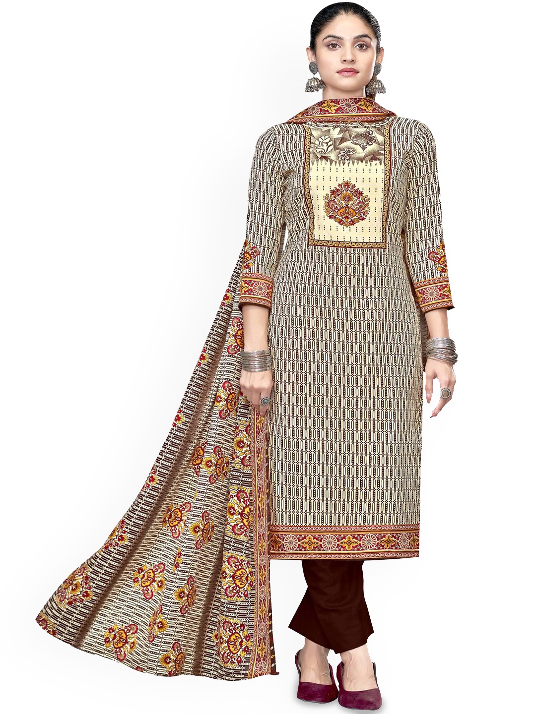 

DRAVINAM Trends Geometric Printed Pashmina Unstitched Dress Material, Maroon