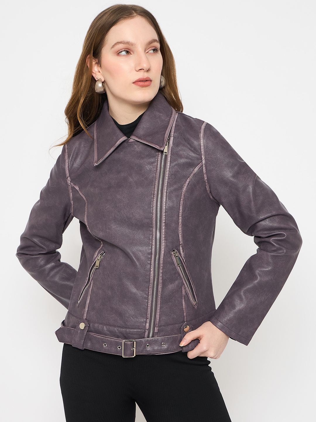 

Madame Women Polyester Biker Jacket, Purple