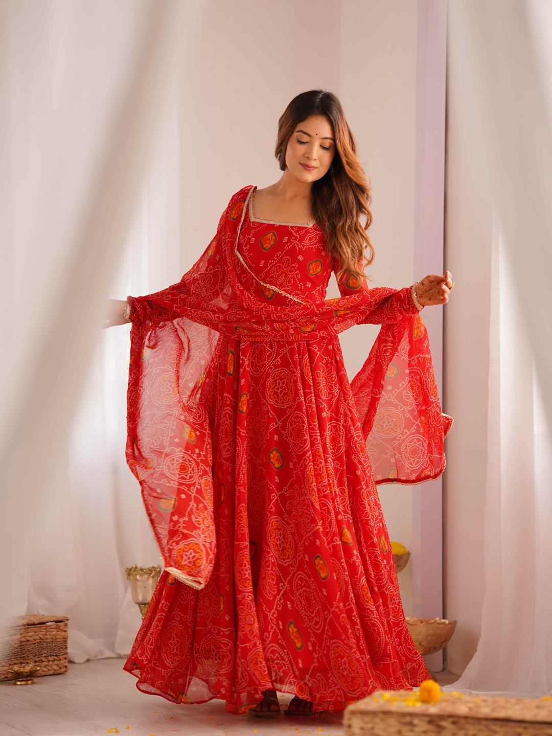 

Tanhai Women Ethnic Motifs Printed Pleated Kurta with Trousers & With Dupatta, Red
