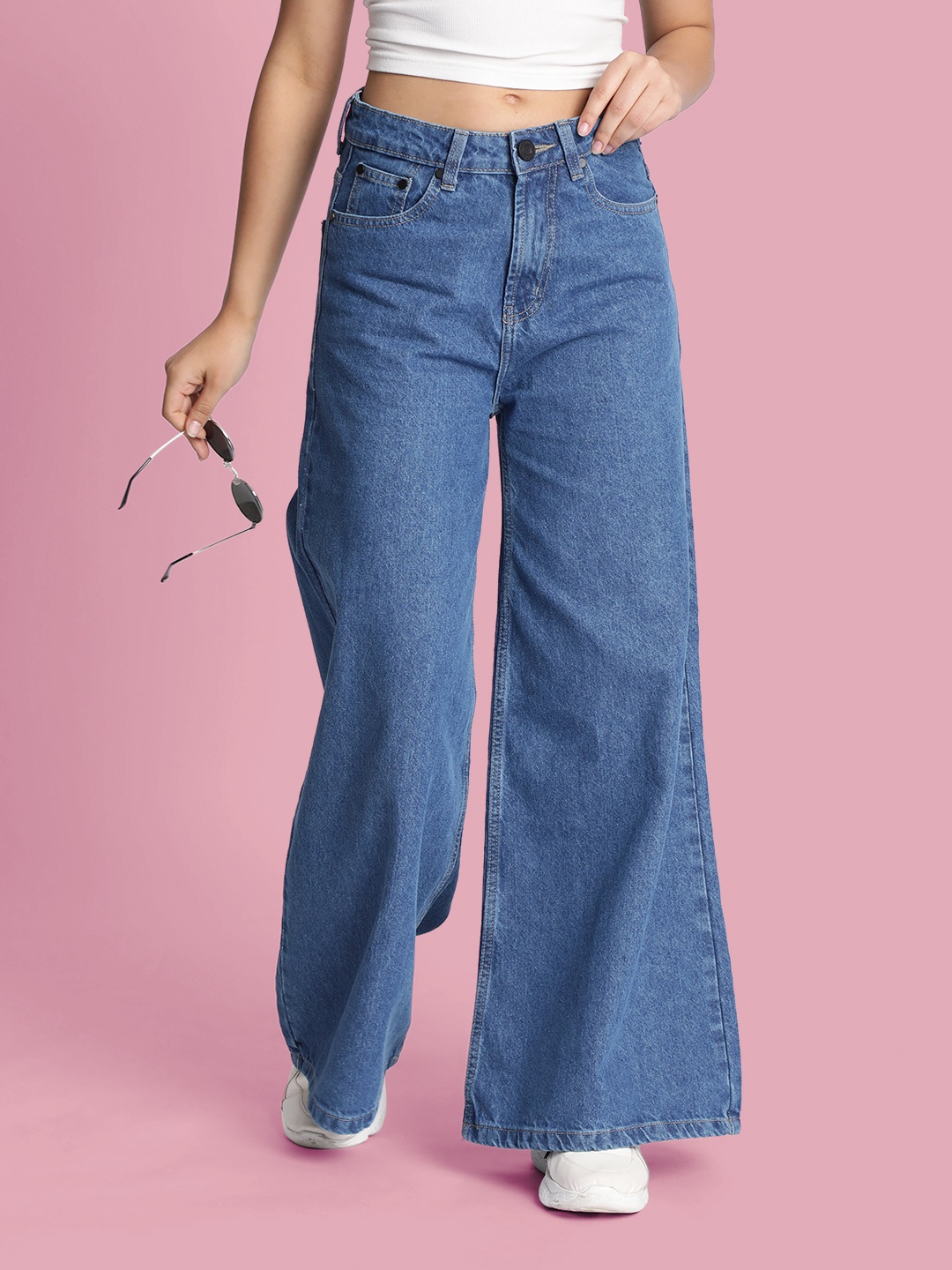 

Bene Kleed Women Wide Leg High-Rise Low Distress Jeans, Blue