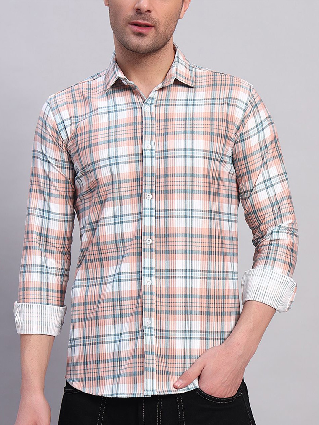 

YOUTH FIRST Men Premium Tartan Checks Opaque Checked Casual Shirt, Peach