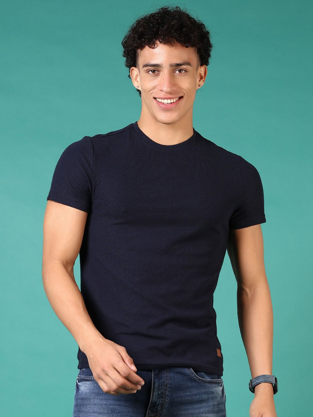 

V-Mart Men Solid Round Neck Cotton Slim Fit T-shirt, Navy blue