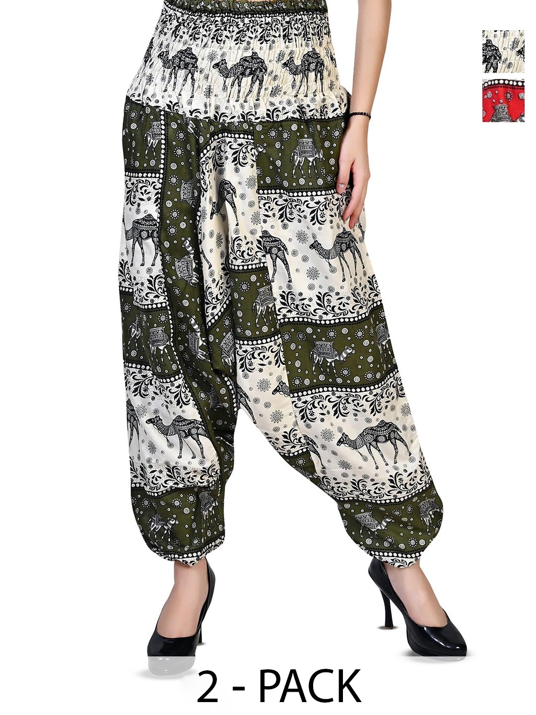

NarNari Women Pack Of 2 Printed Mid-Rise Harem Pants, Green