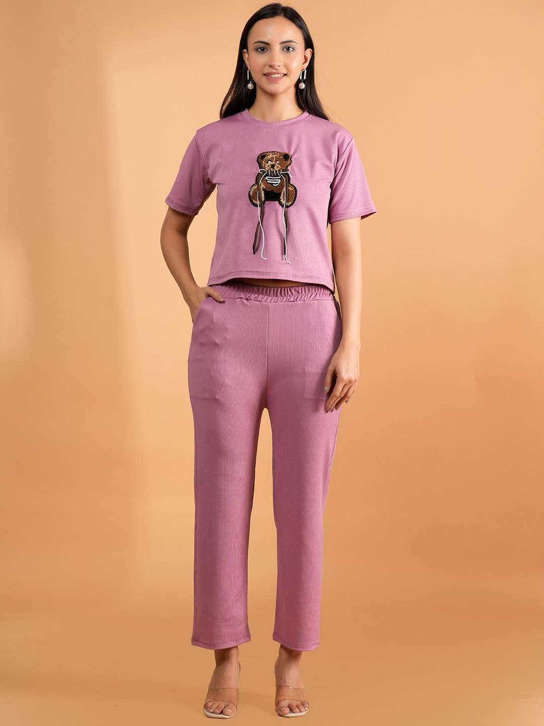 

BAESD Printed Round Neck T-shirt With Trousers, Pink