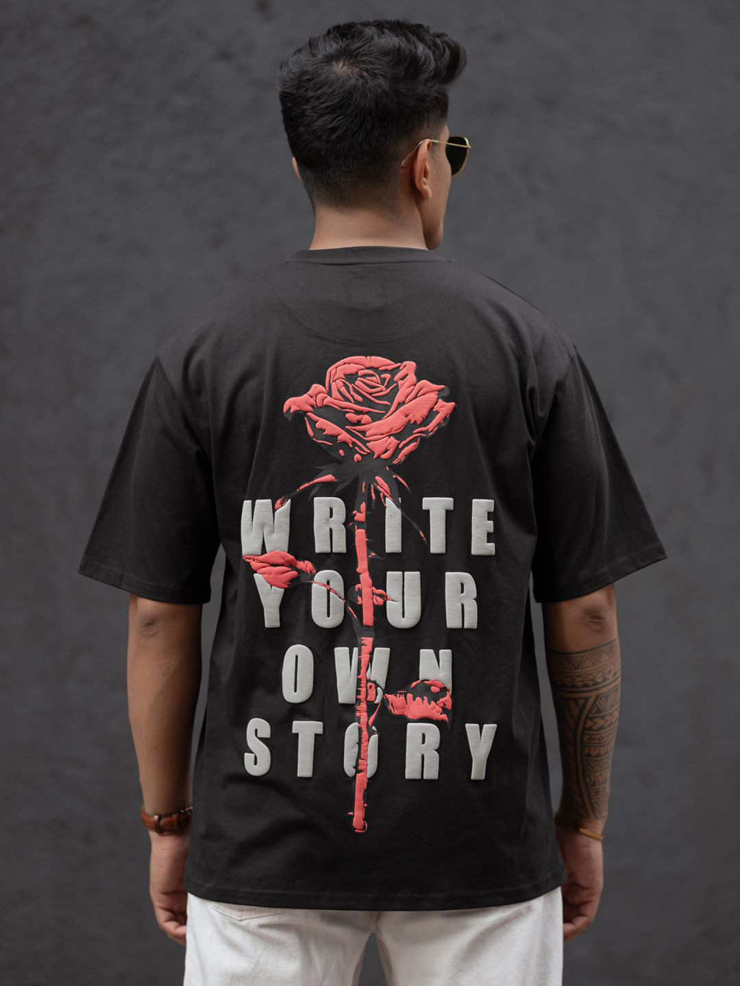 

Powerlook Men Typography Printed Round Neck Cotton Oversized T-shirt, Black