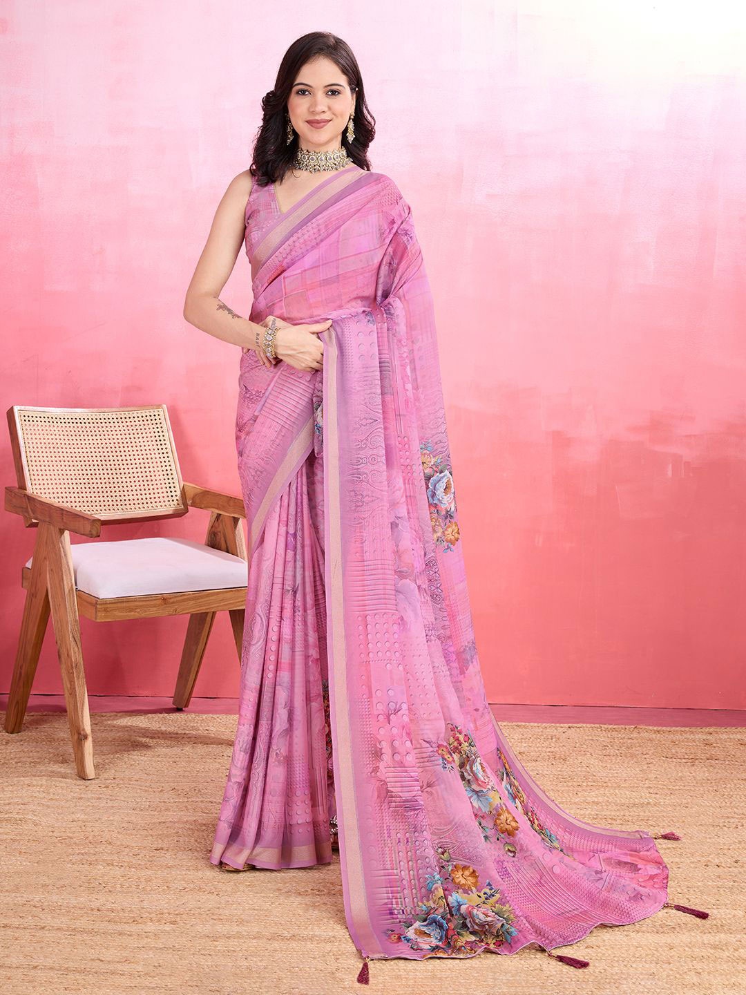 

Rekha Maniyar Floral Zari Poly Crepe Saree, Pink