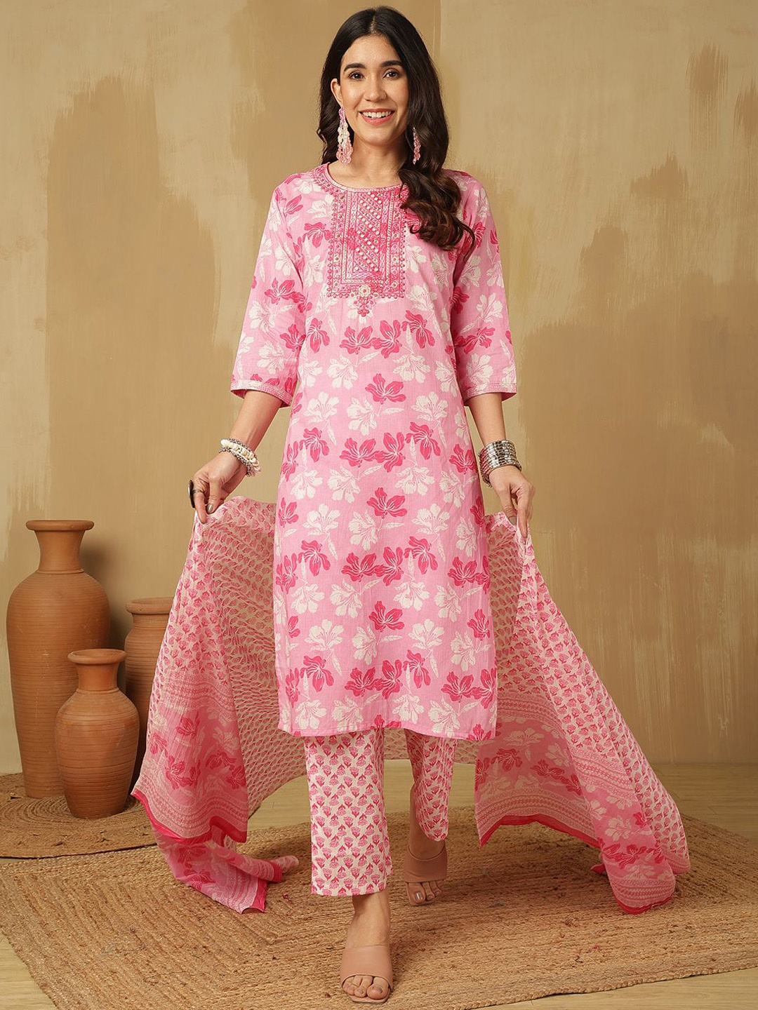 

Sangria Pink Floral Printed Mirror Work Pure Cotton Kurta With Trouser And Dupatta