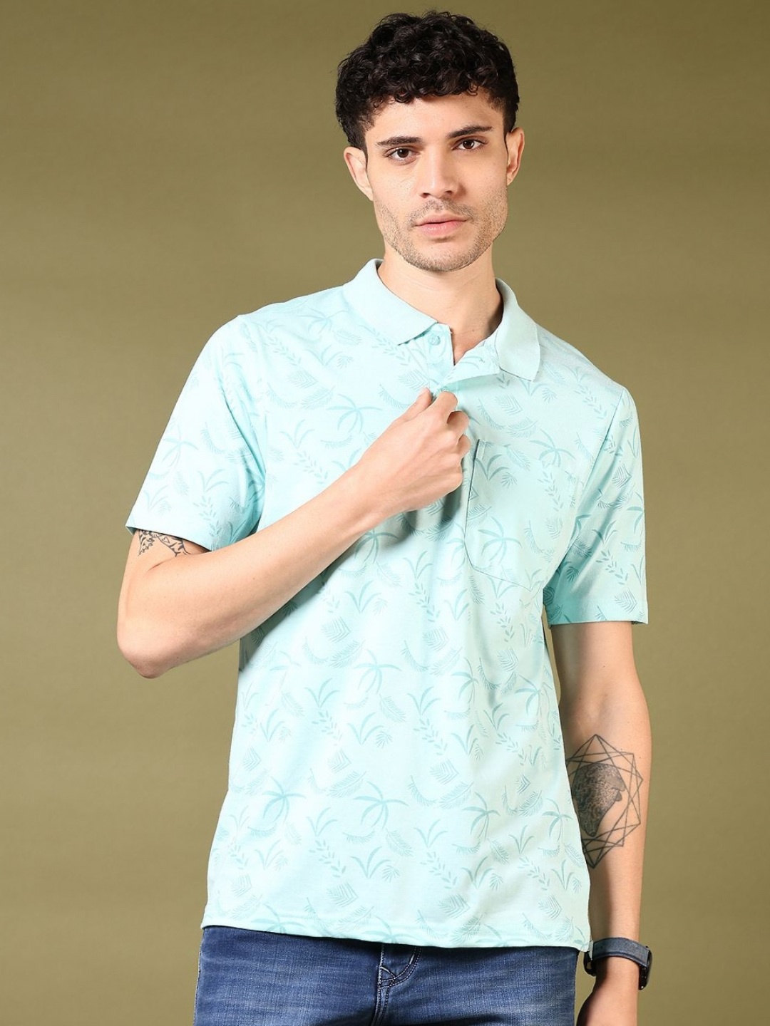 

V-Mart Men Floral Printed Polo Collar Cotton T-shirt, Sea green