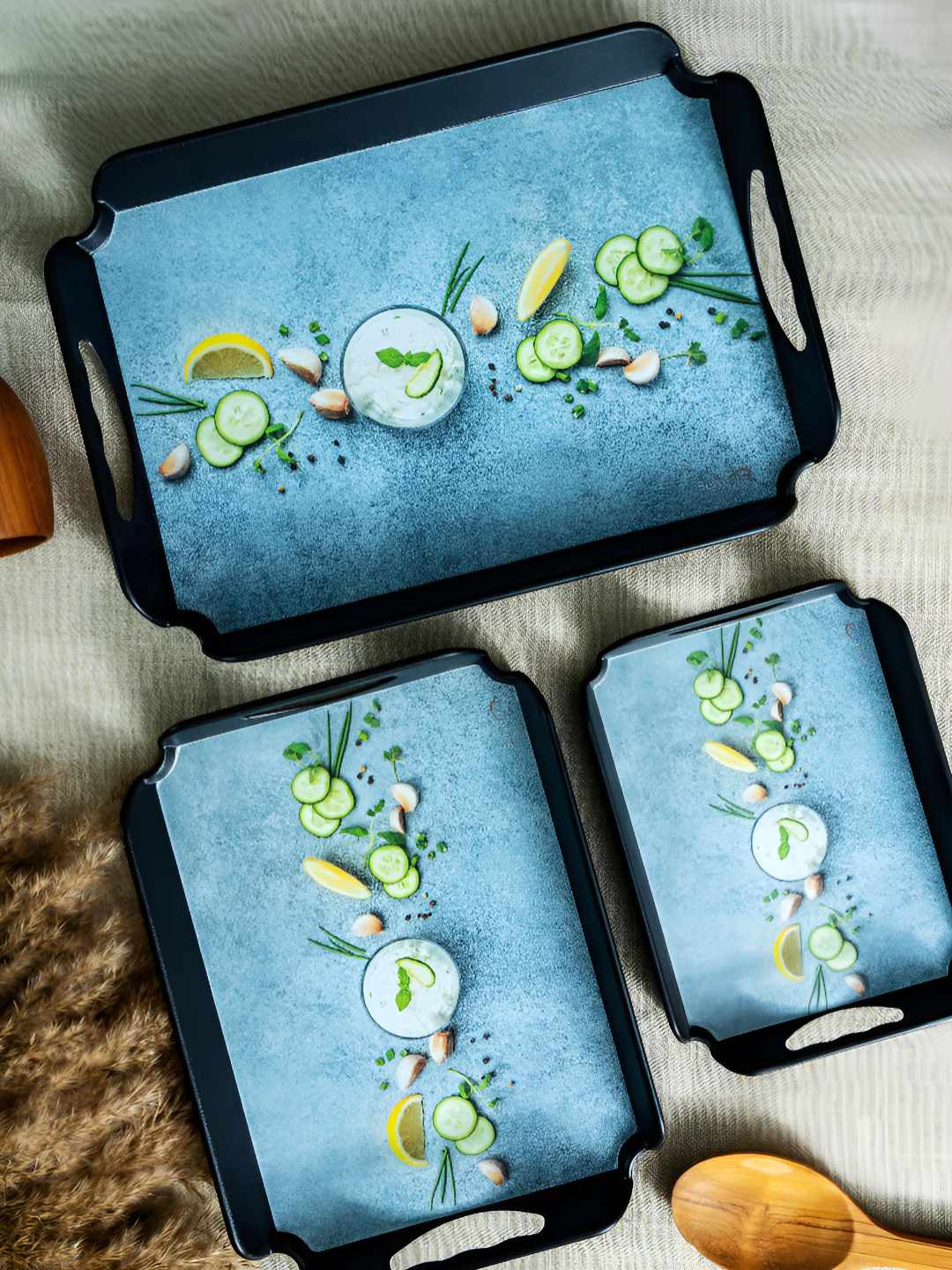 

Servewell Blue & Green 3 Pieces Melamine Dishwasher Safe Serving Tray