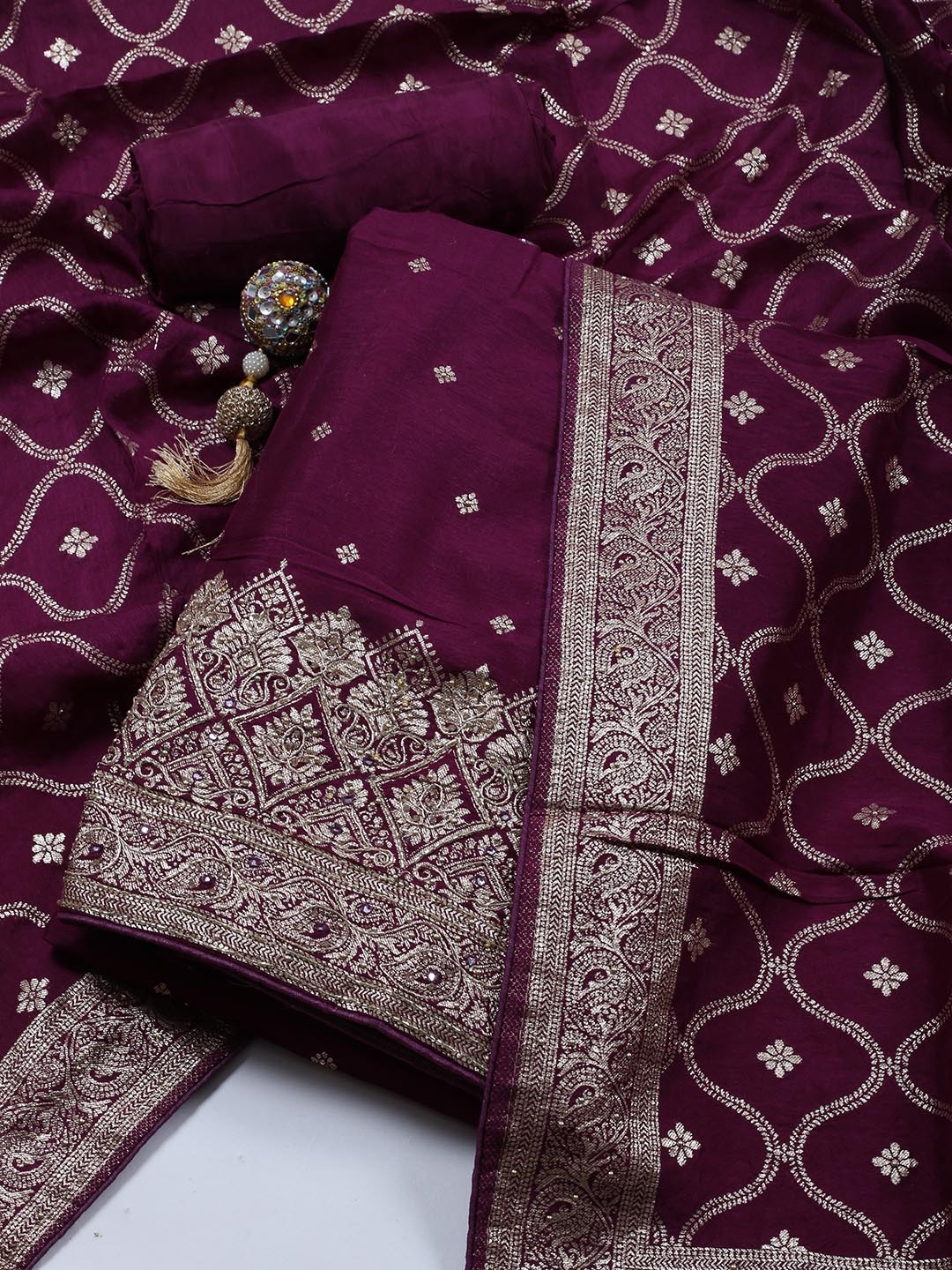 

Meena Bazaar Art Silk Unstitched Dress Material, Burgundy