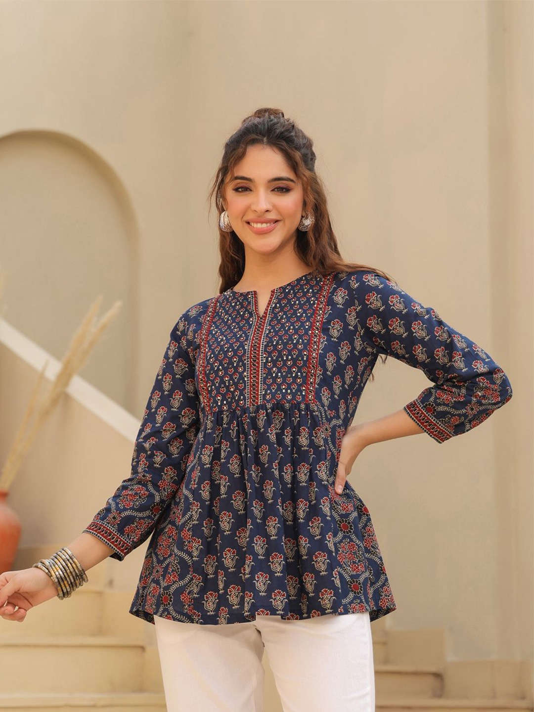 

Rain & Rainbow Print Cotton Top, Blue