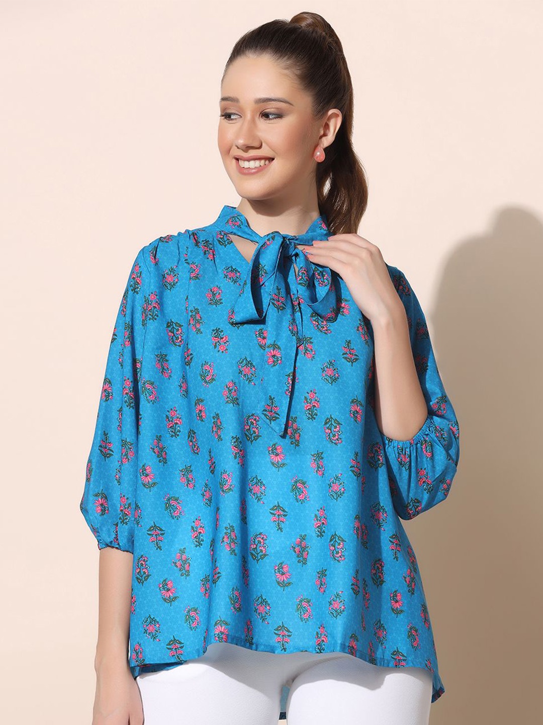 

Moda Rapido Floral Print Tie-Up Neck Puff Sleeve Crepe Top, Blue
