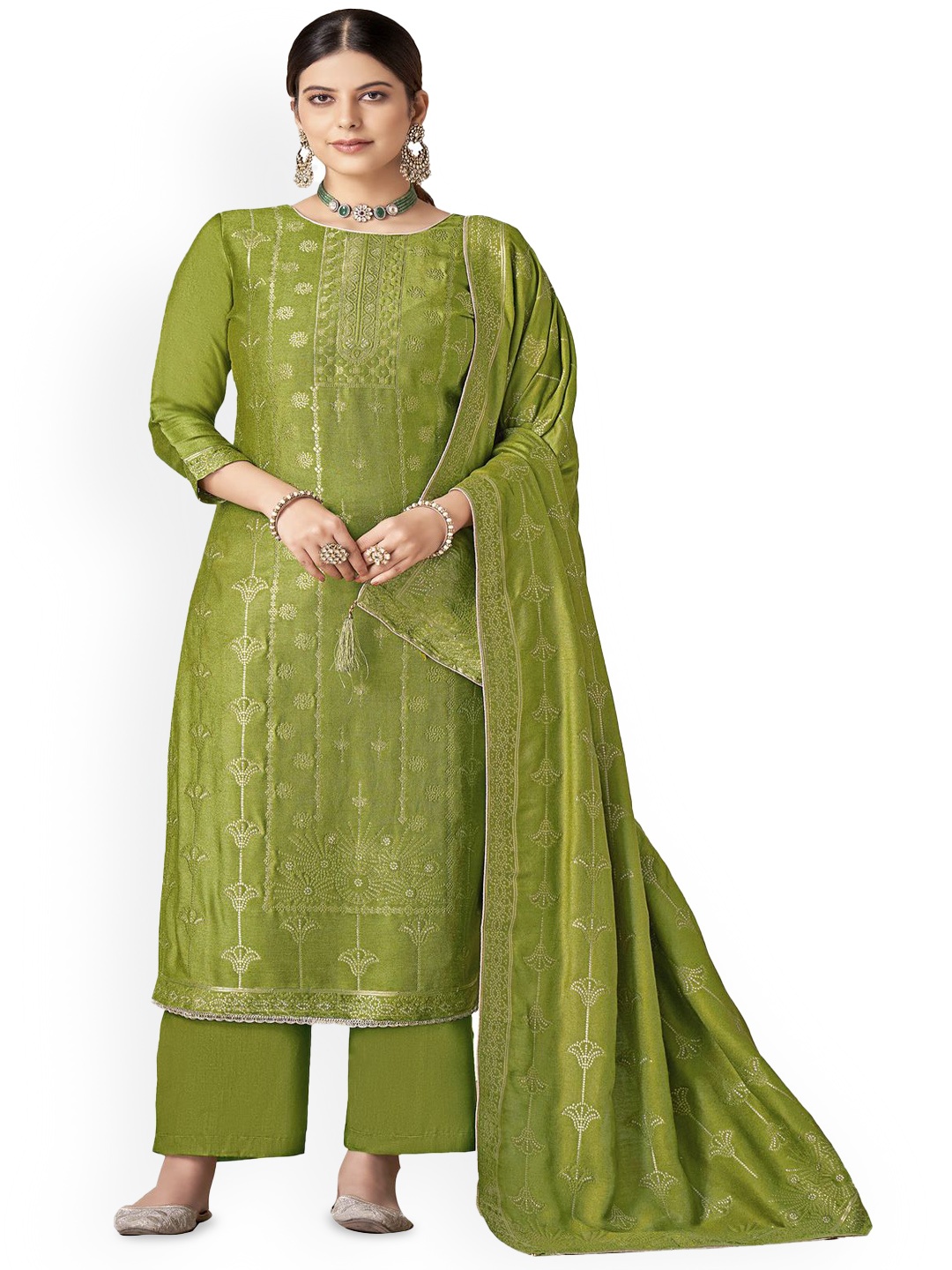 

DRAVINAM Trends Ethnic Motifs Woven Design Unstitched Dress Material, Green