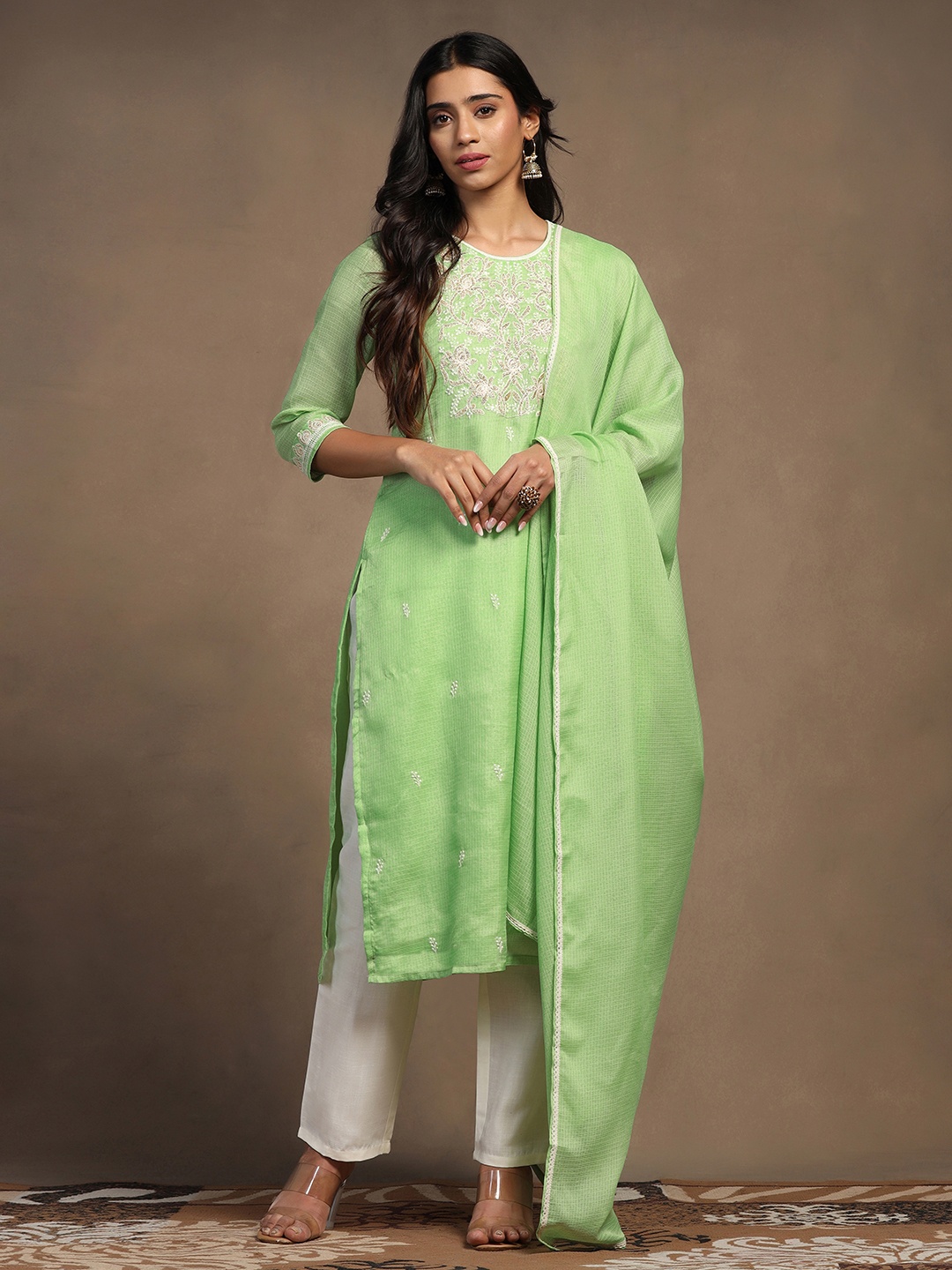 

Moda Rapido Floral Embroidered Thraed Work Straight Kurta With Trousers And Dupatta, Green