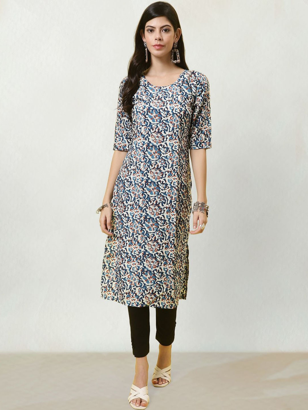 

Moda Rapido Floral Printed Round Neck Straight Kurta, White