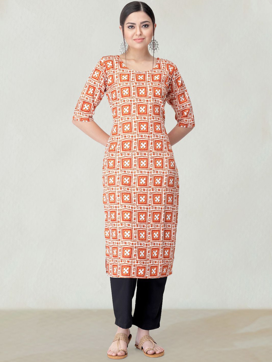 

Moda Rapido Ethnic Motifs Printed Round Neck Straight Kurta, Orange