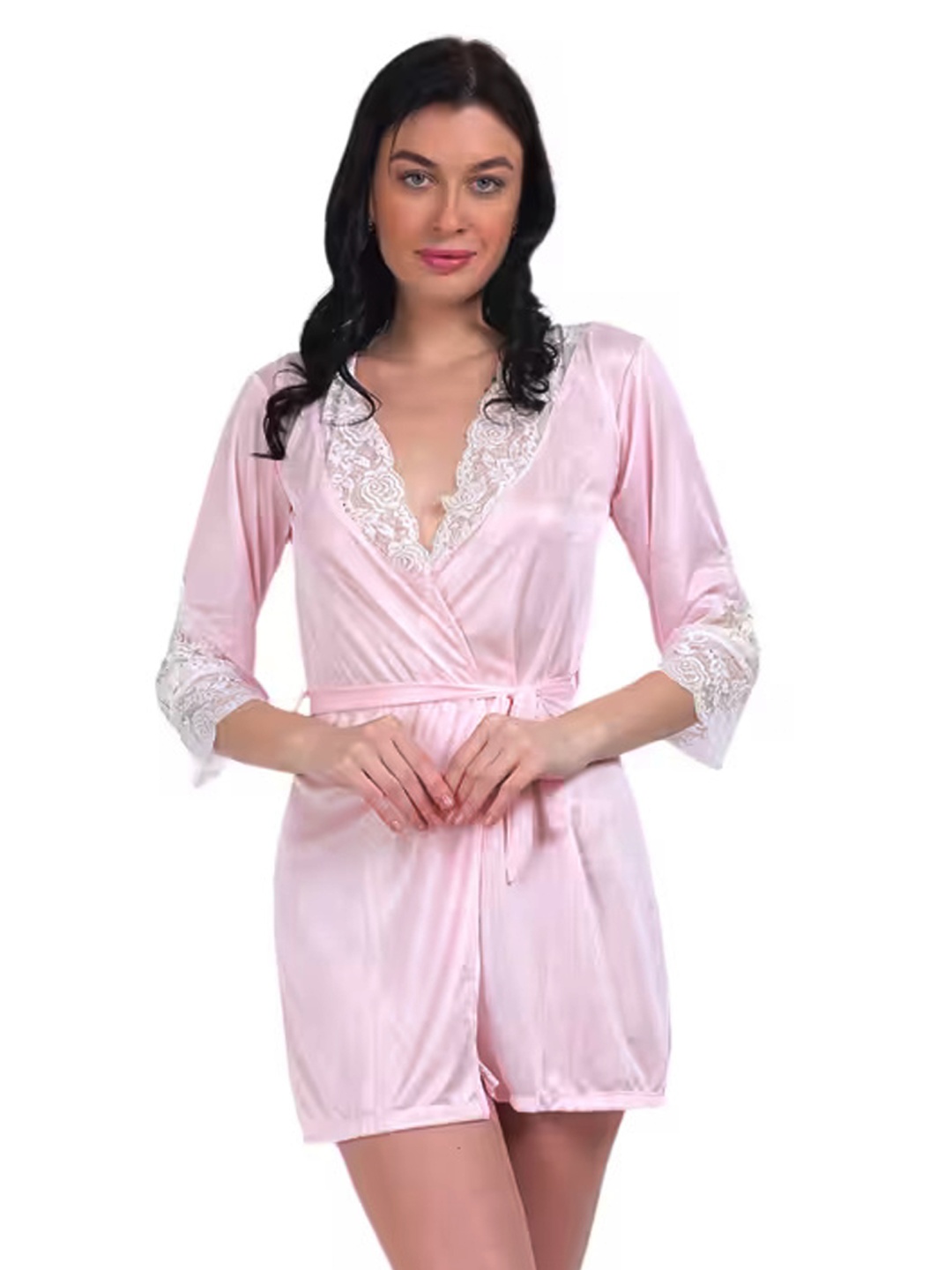 

Chia fashions Laced Satin Above Knee Robe, Pink