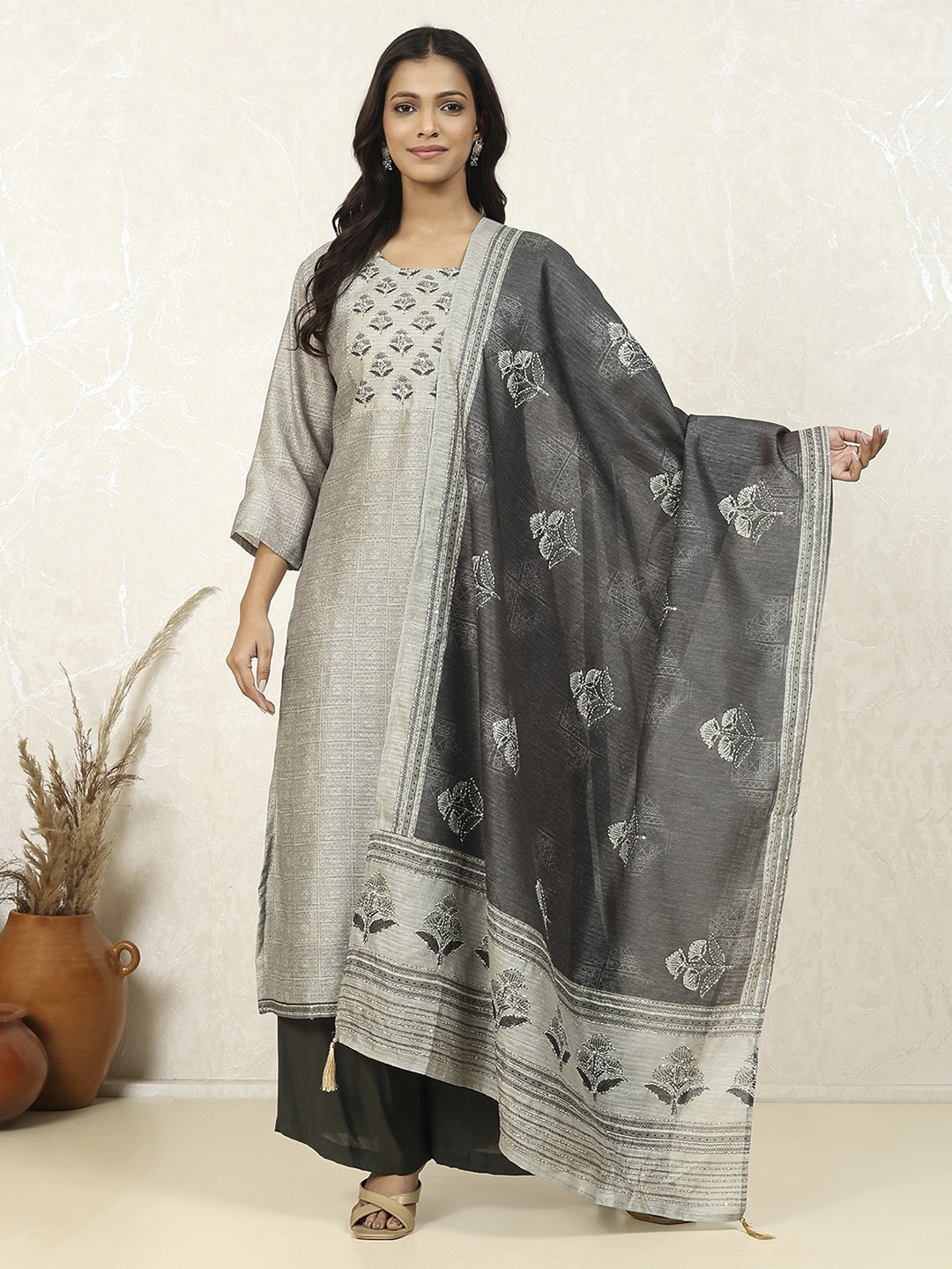 

Biba Ethnic Motifs Printed Unstitched Dress Material, Grey