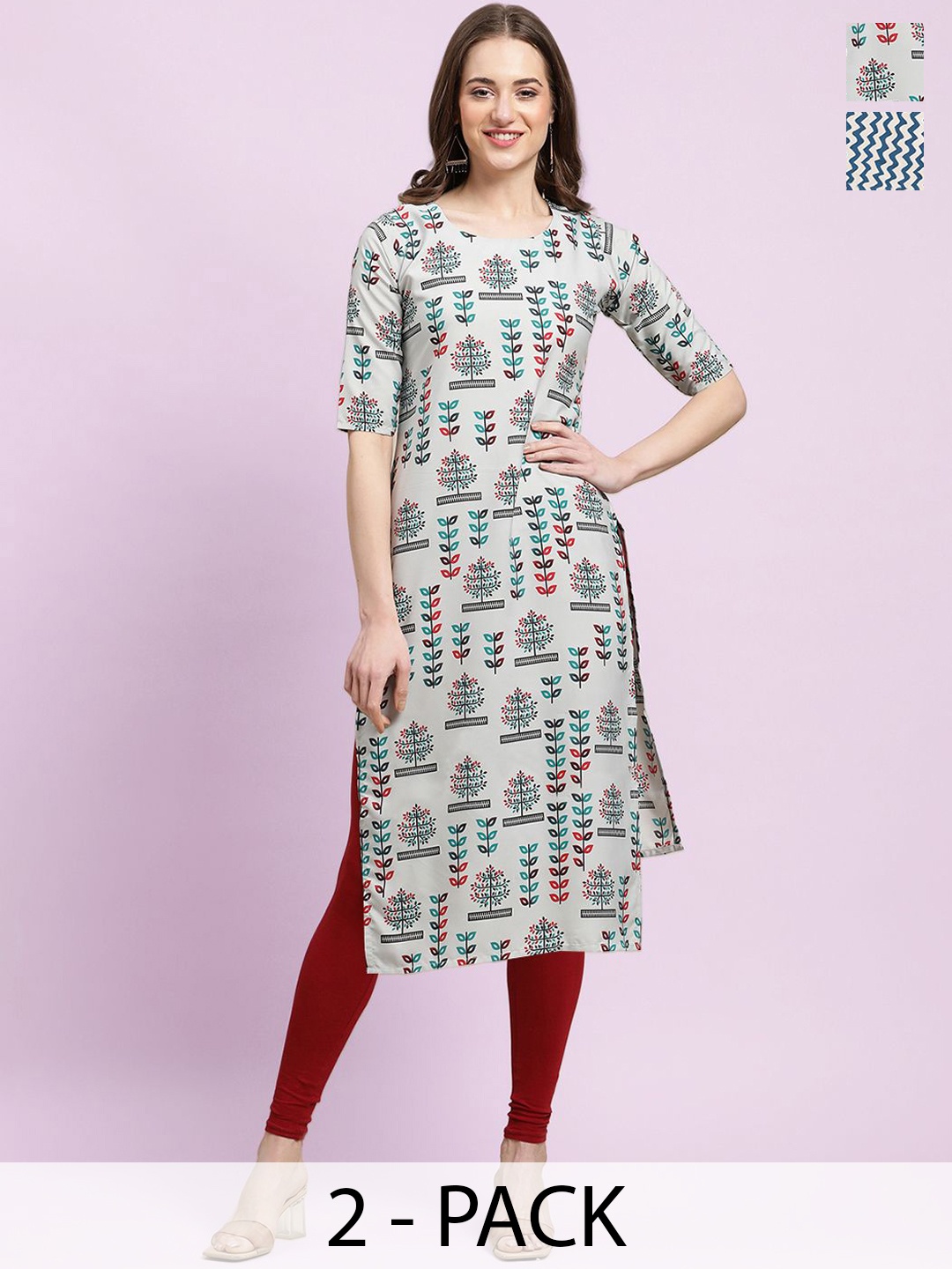 

Moda Rapido Grey & White Selection Of 2 Ethnic Motifs Printed Straight Kurtas