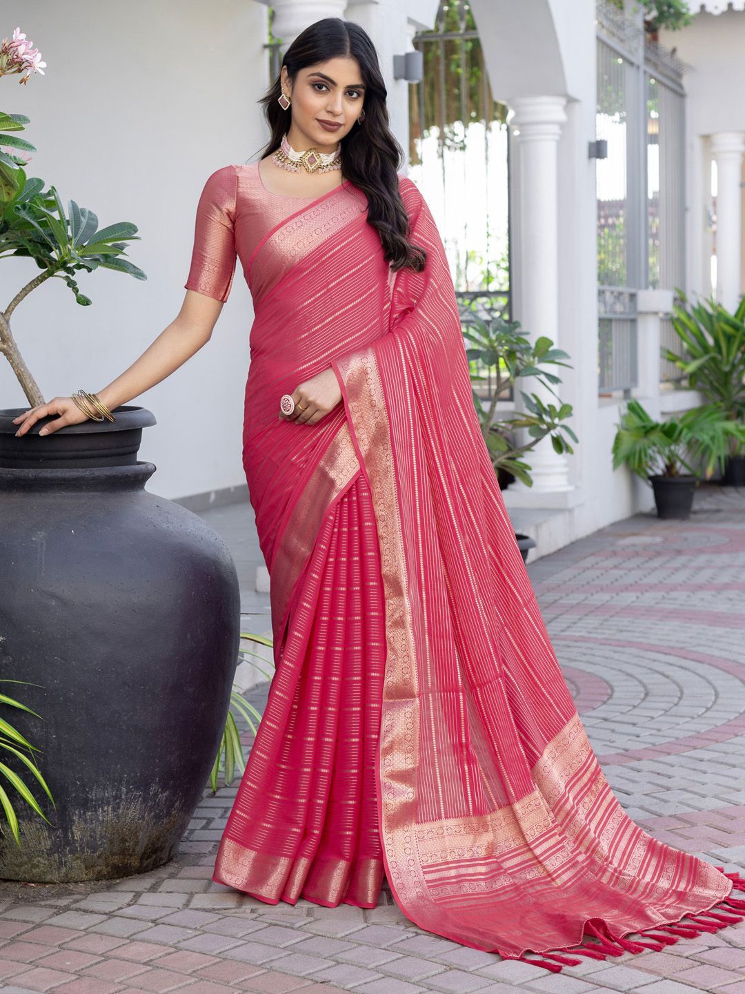 

Saree mall Woven Design Zari Kanjeevaram Sarees, Pink