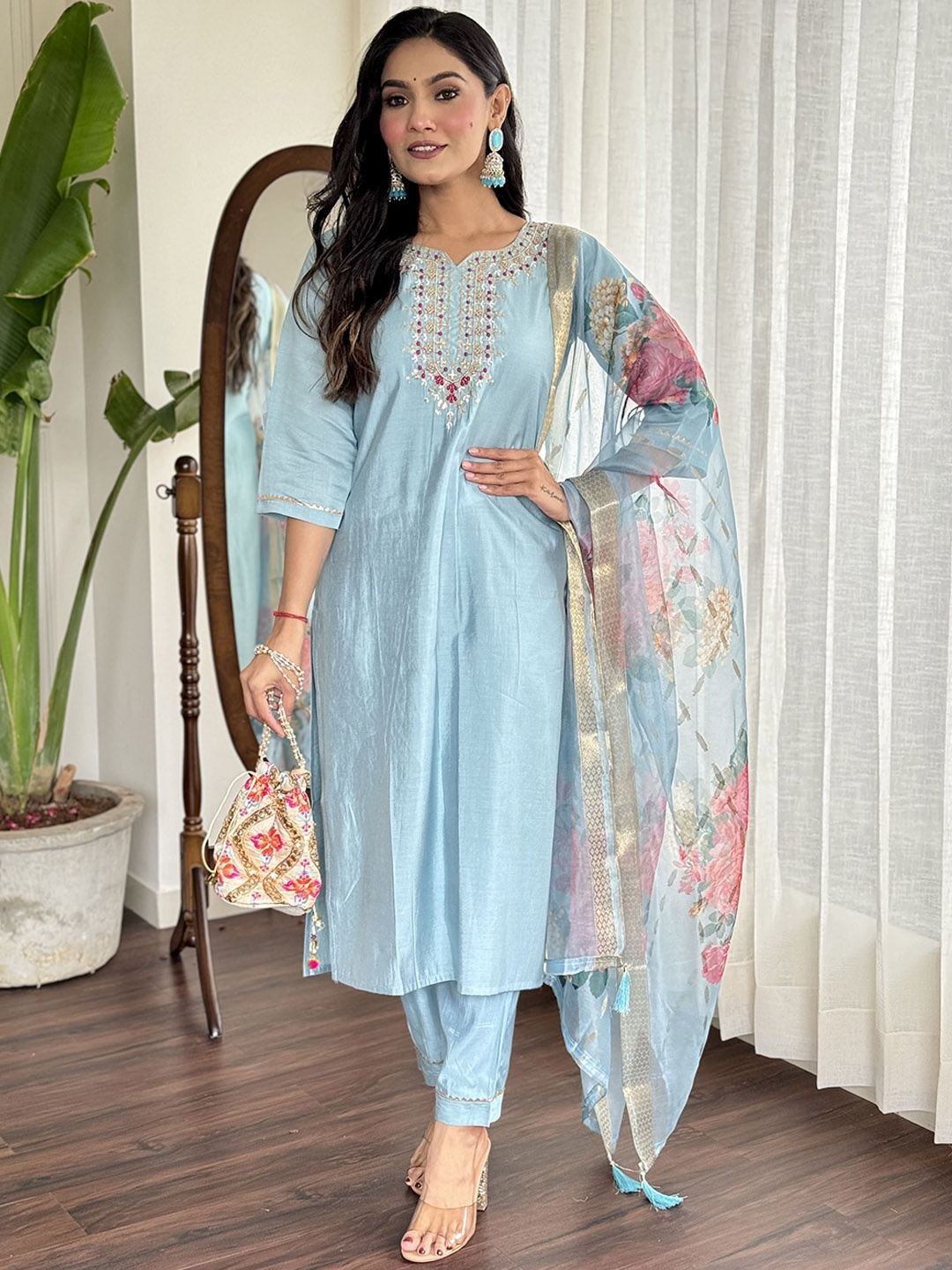 

Moda Rapido Embroidered Stones & Beads Notch Neck Work Kurta With Trousers & Dupatta, Turquoise blue