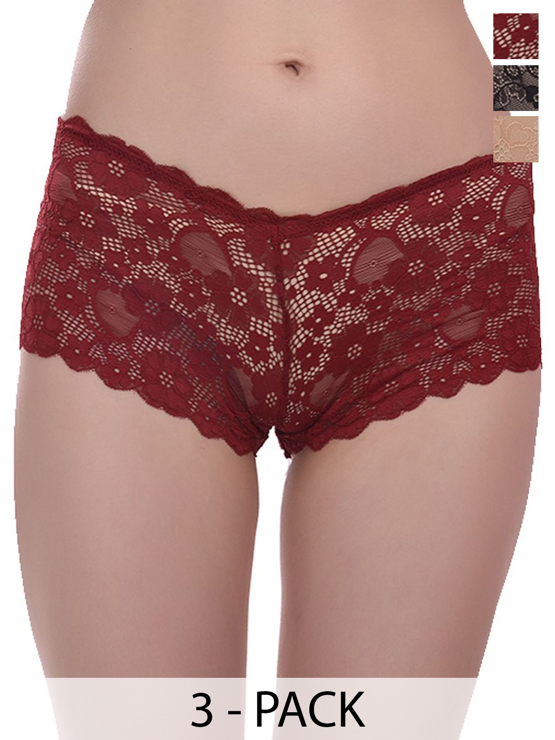 

Fleurt Women Pack Of 3 Assorted Lace Low-Rise Boy Shorts Briefs