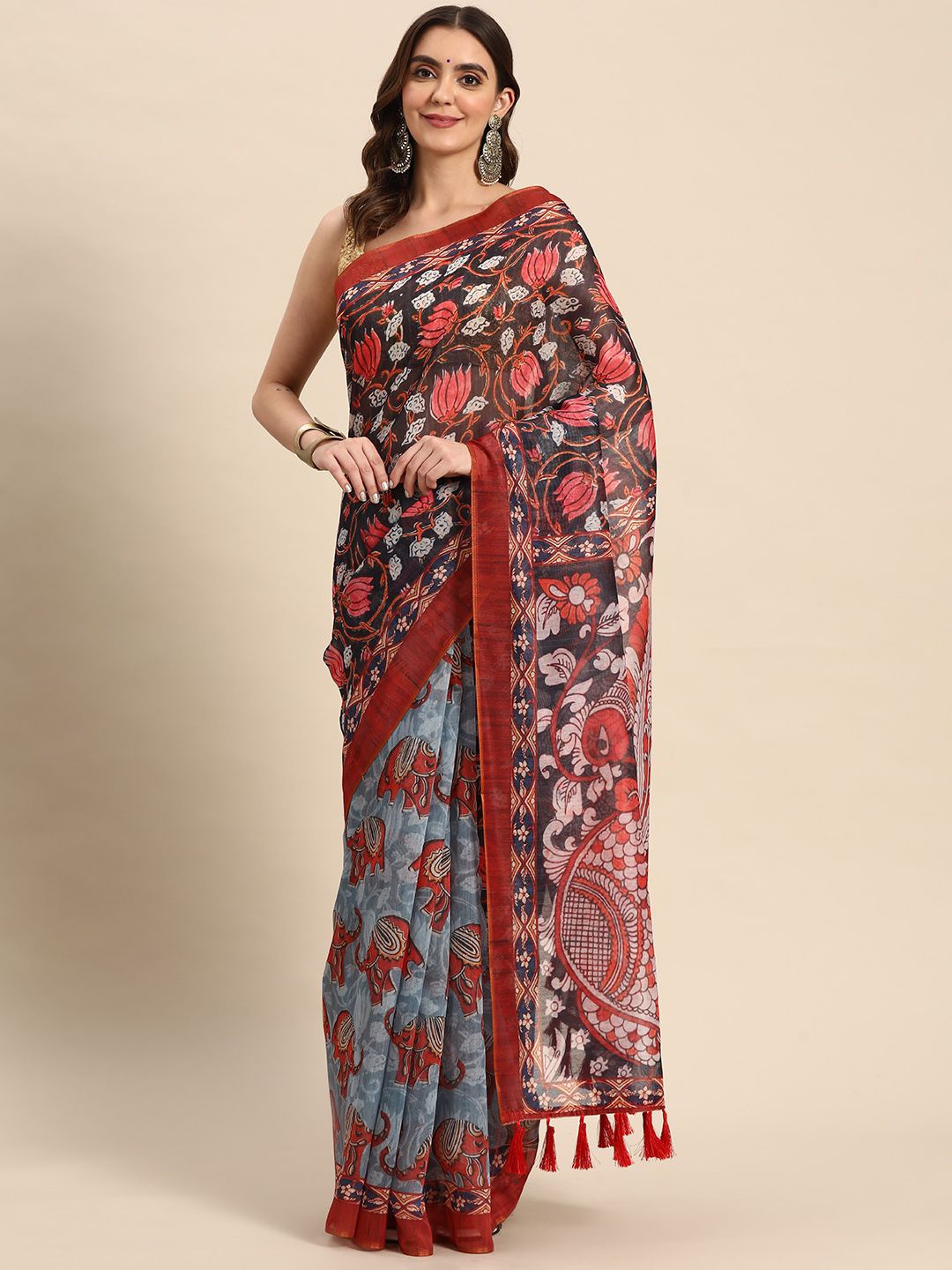 

DIVASTRI Digital Printed Kalamkari Chanderi Cotton Saree With Tassels, Grey