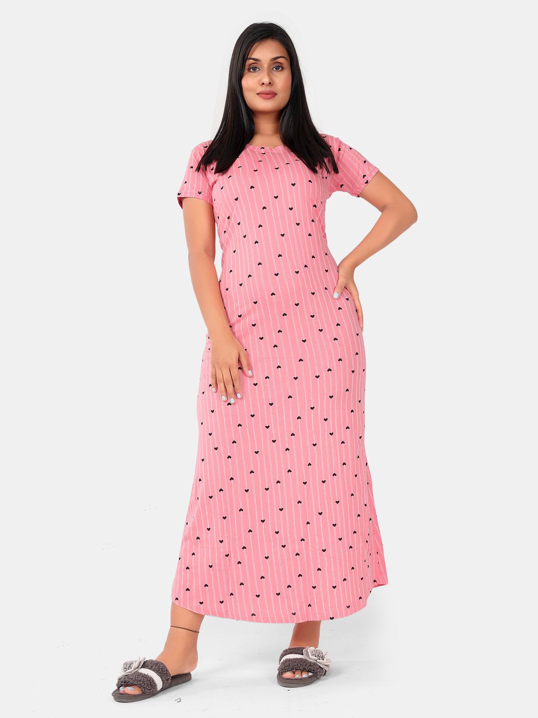 

SWEET MOON Striped Printed Round Neck Sweat Nightdress, Pink