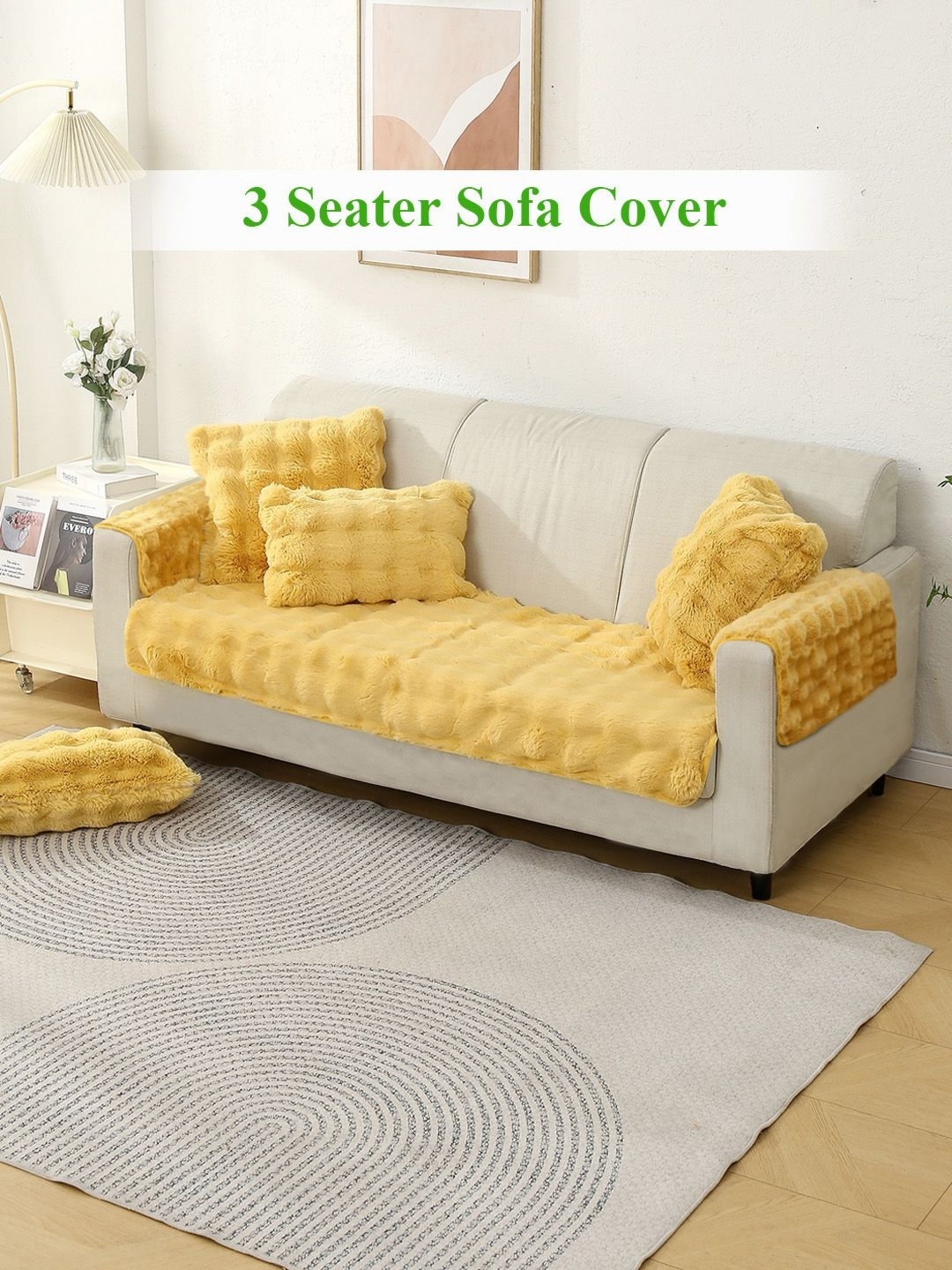 

HOKIPO Yellow Faux Fur 3 Seater Sofa Seat Mat & 2 Armrest Covers
