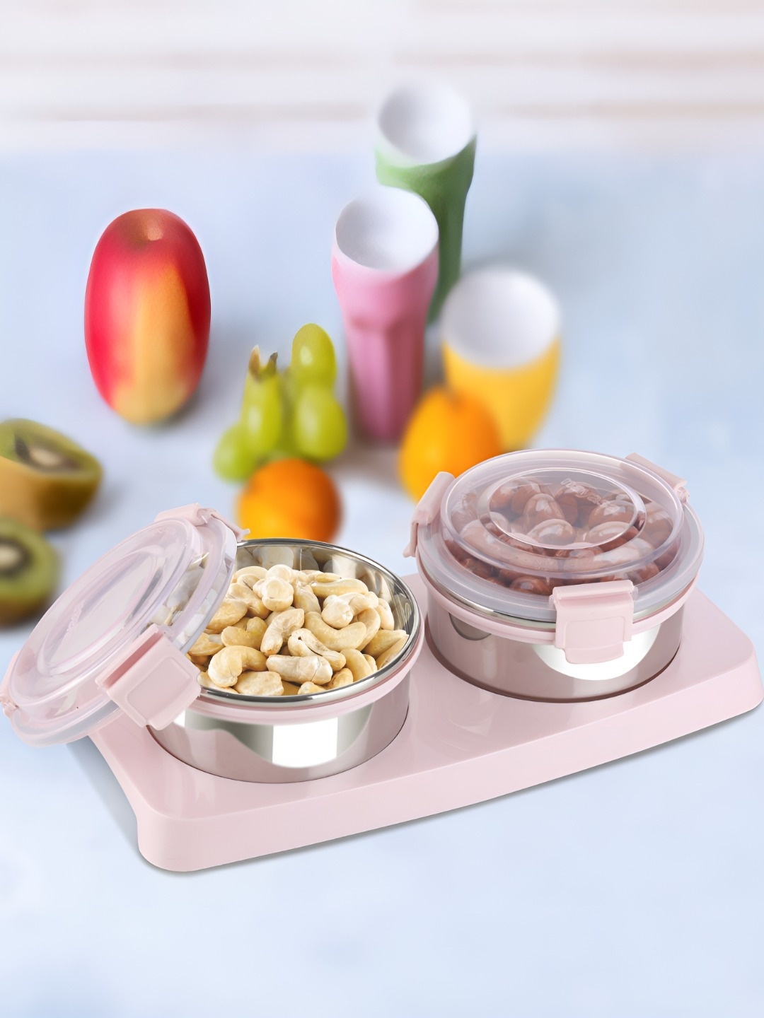 

Nayasa Set Of 2 Pink Steel-Lock Dry Fruit Containers with Tray - 450 ML Each