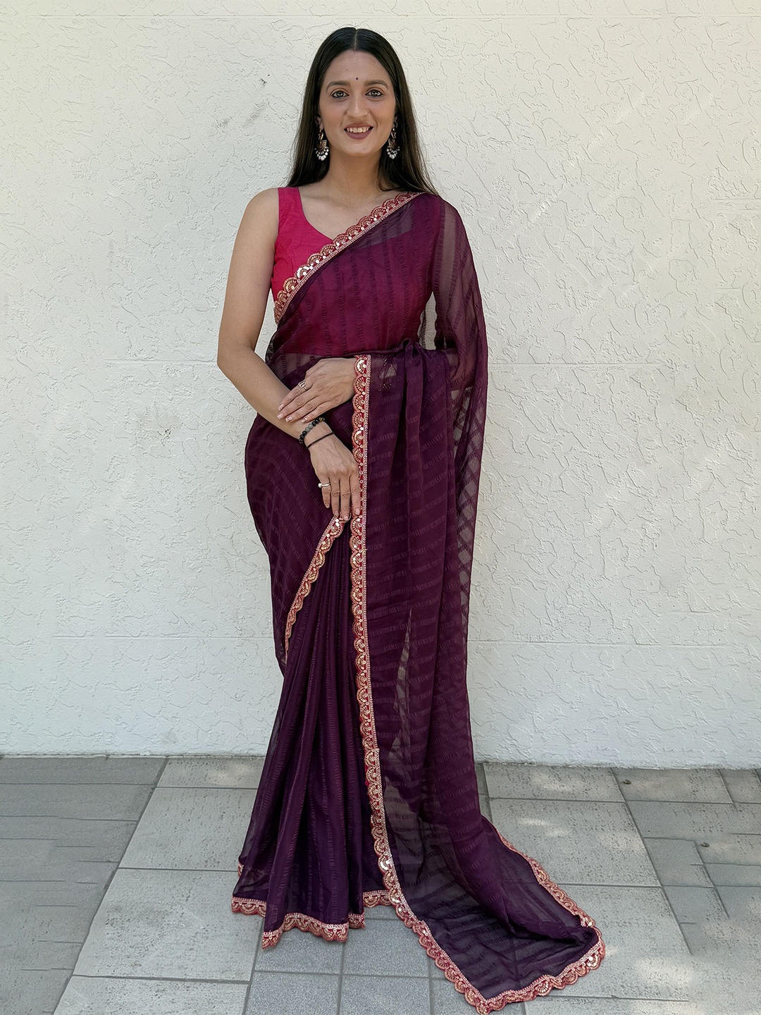 

JULEE Striped Sequinned Pure Chiffon Saree, Purple