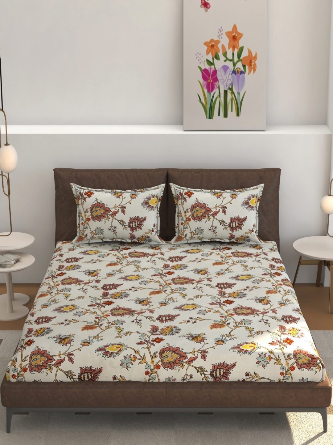 

RIDHAAN Brown Floral Printed Cotton 220 TC Queen Bedsheet Set 1.82m x 1.92m