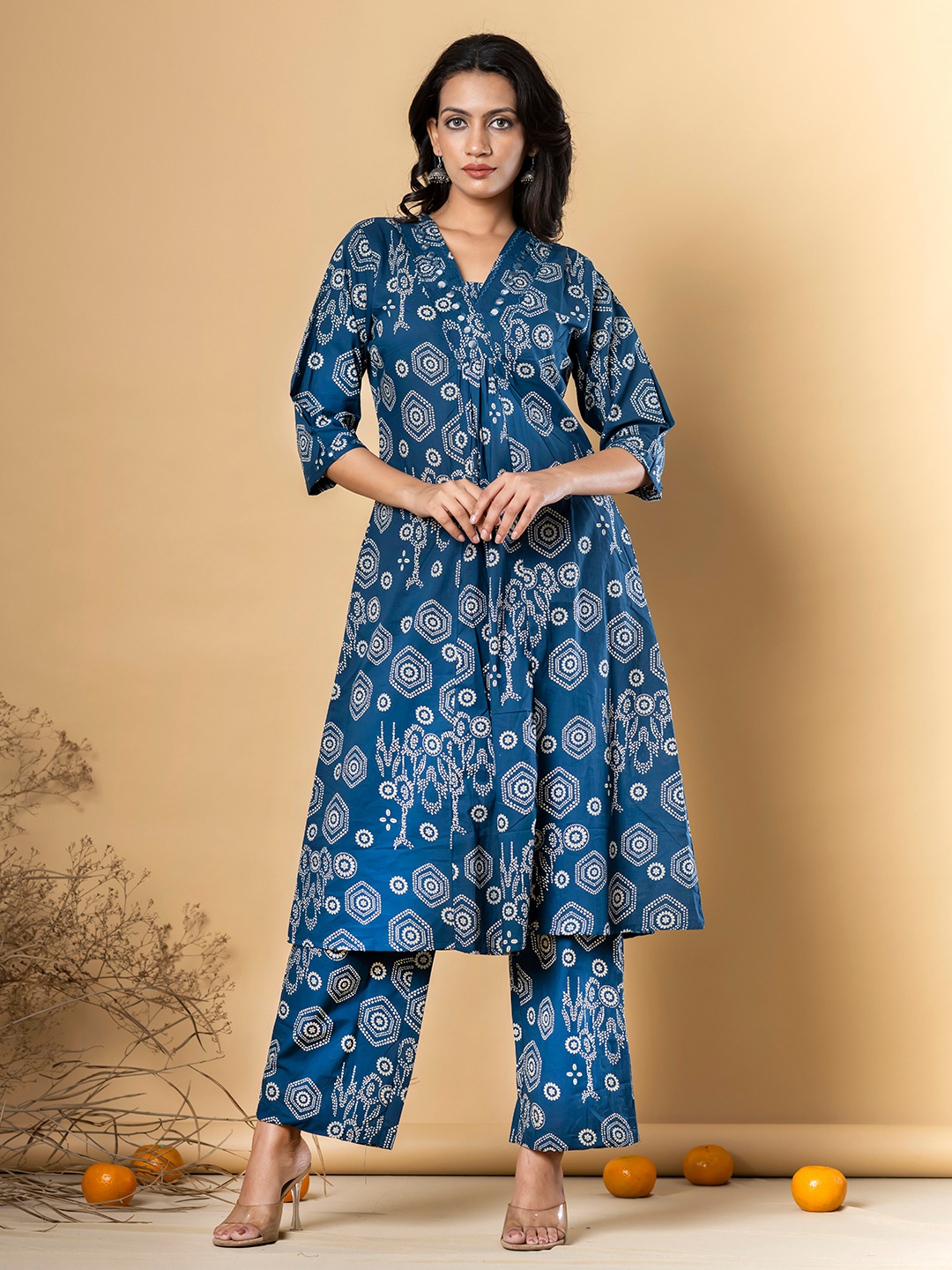 

Readiprint Fashions Floral Printed V-Neck Pure Cotton A-Line Kurta With Trouser, Blue