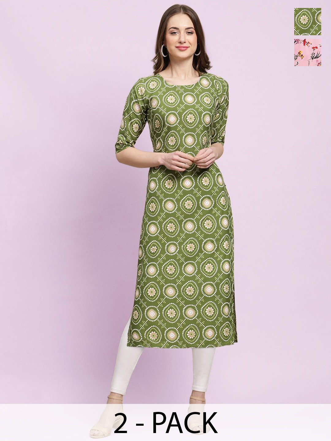 

Moda Rapido Green & Pink Selection of 2 Ethnic Motifs Printed Straight Kurtas