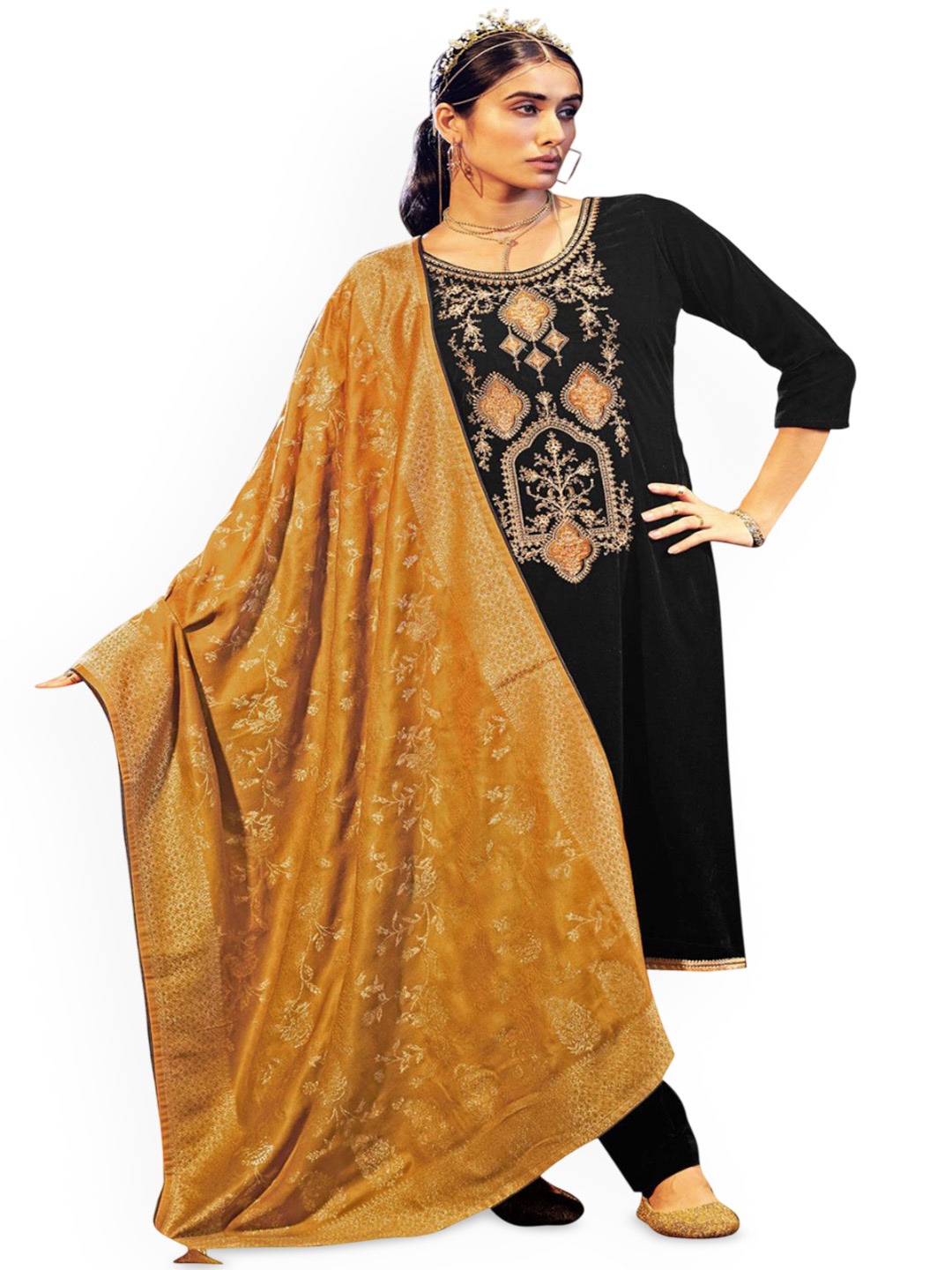

DRAVINAM Trends Floral Embroidered Velvet Unstitched Dress Material, Black