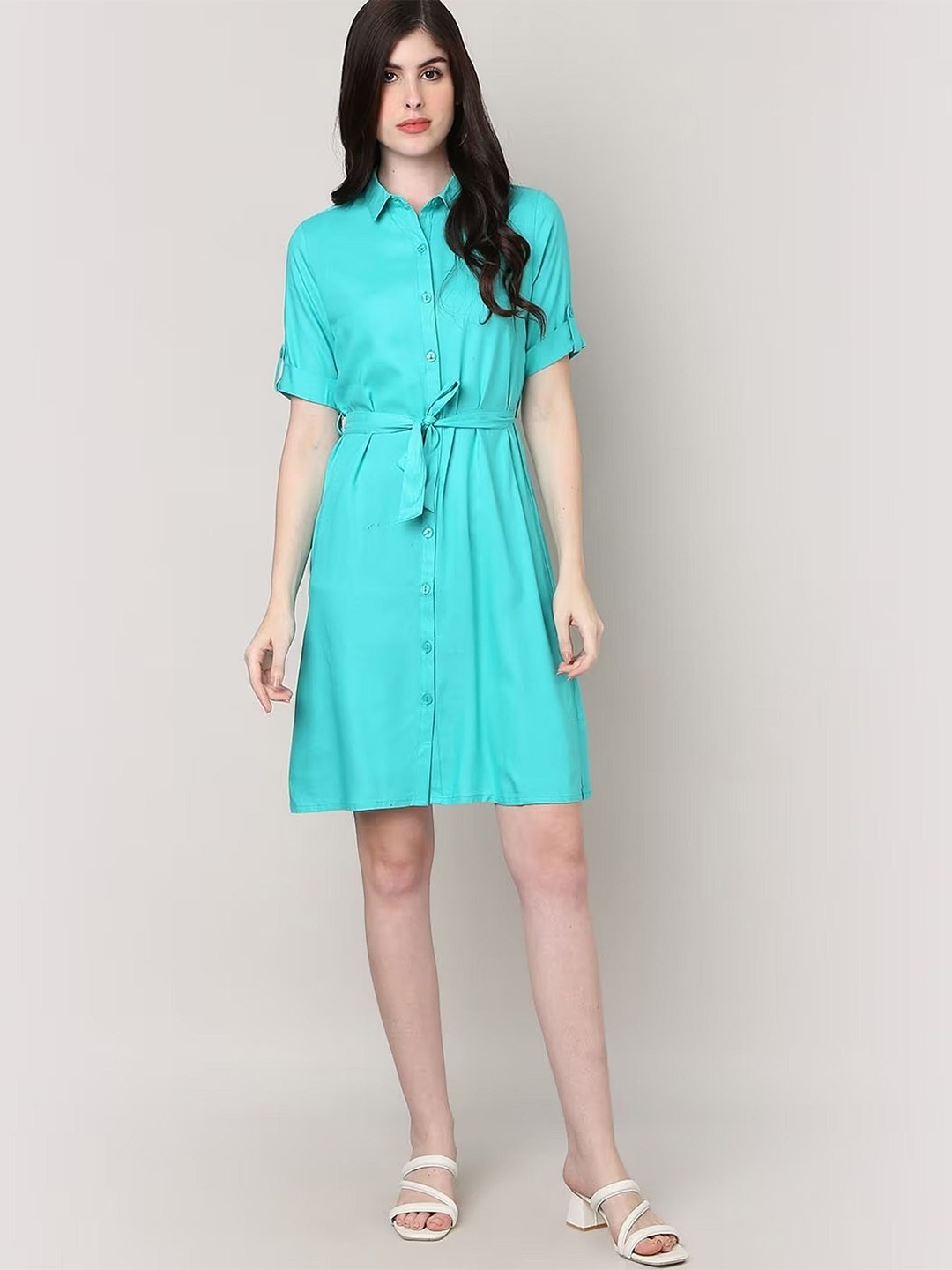 

SAKURA Women Shirt Dress with Waist Tie-Up, Sea green