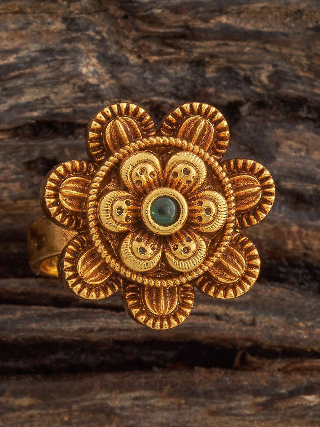

Kushal's Fashion Jewellery Green Gold-Plated Stone-Studded Adjustable Antique Finger Ring