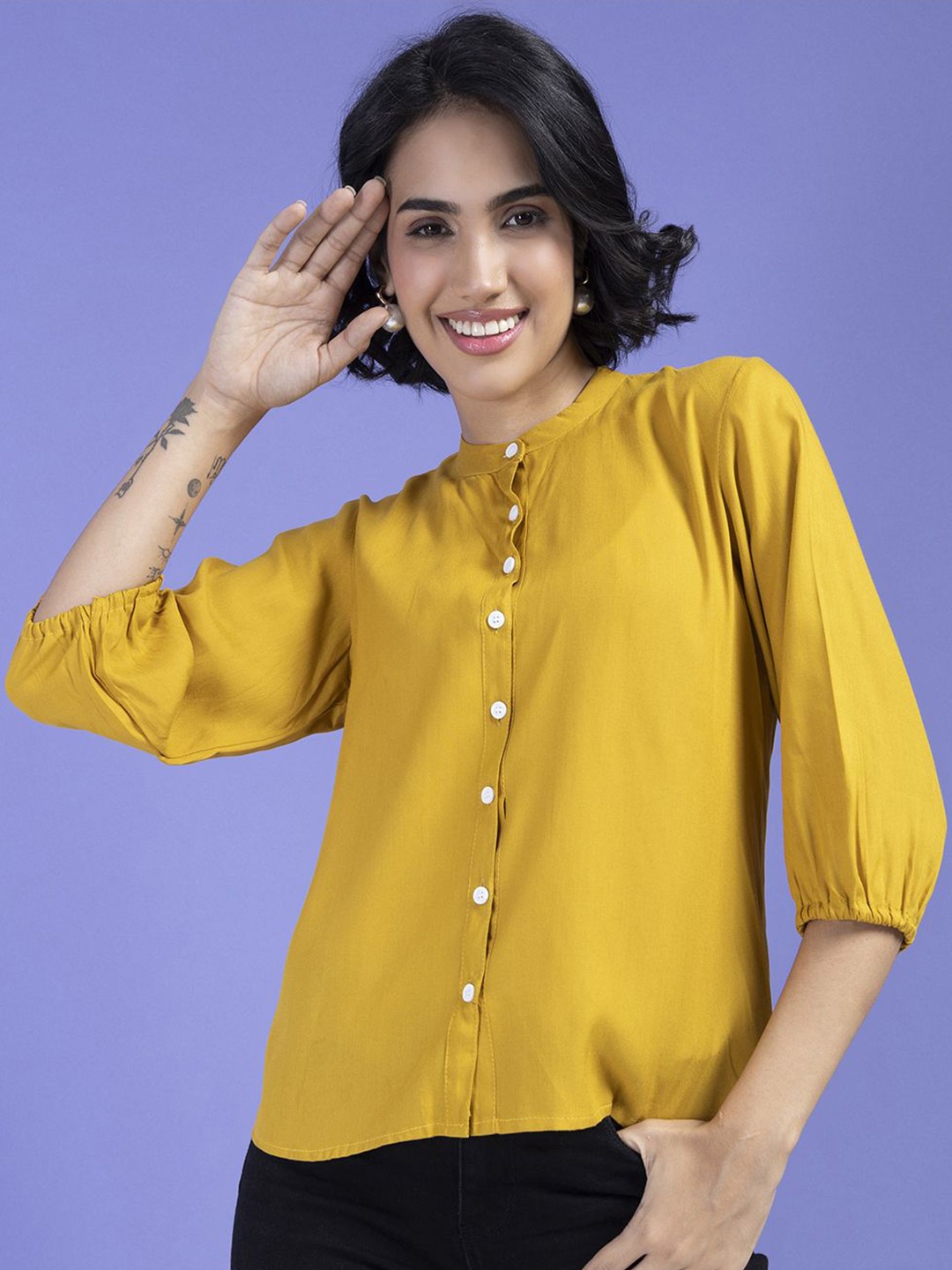 

TIKODI Women Mandarin Collar Puff Sleeve Shirt Style Top, Yellow