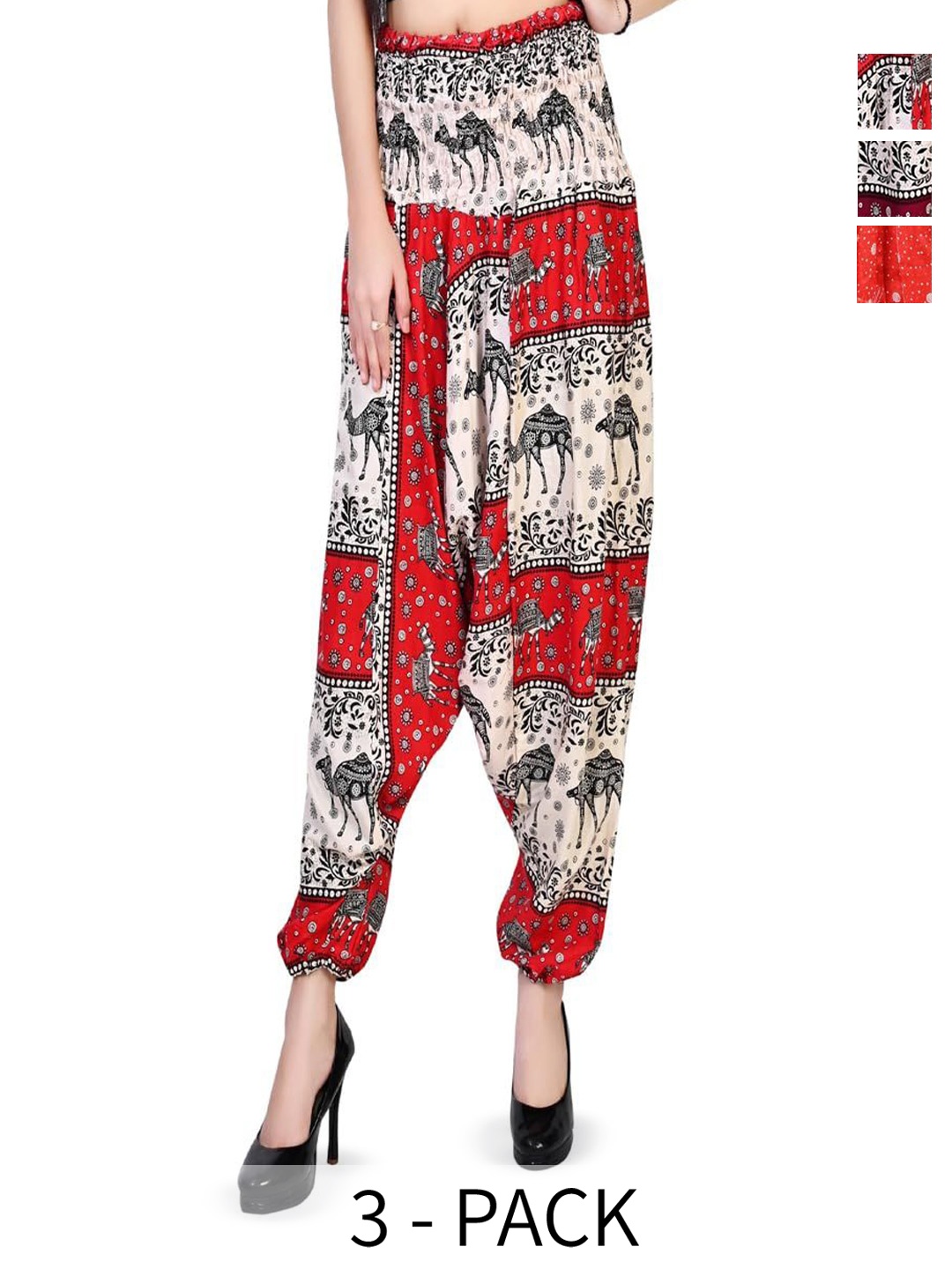 

NarNari Women Pack Of 3 Printed Loose-Fit Harem Pants, Red