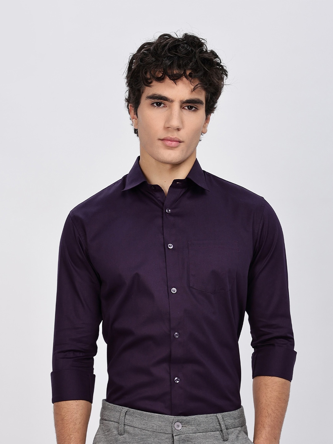 

BRUTTLYN Men Classic Slim Fit Spread Collar Solid Cotton Casual Shirt, Purple