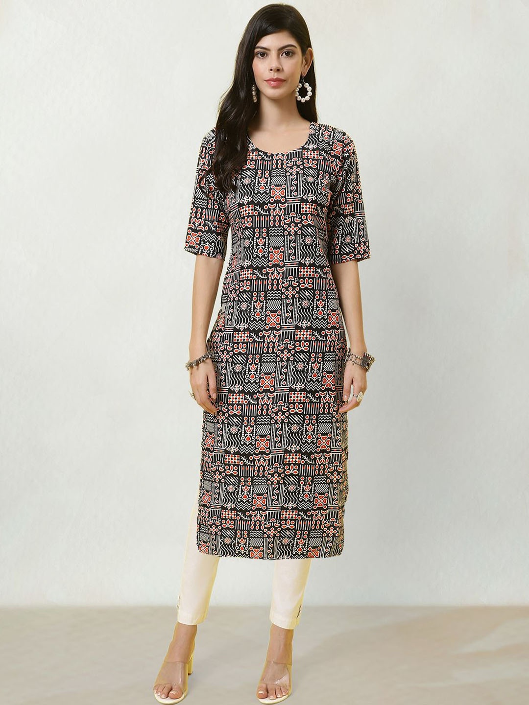 

Moda Rapido Ethnic Motifs Printed Round Neck Straight Kurta, Black